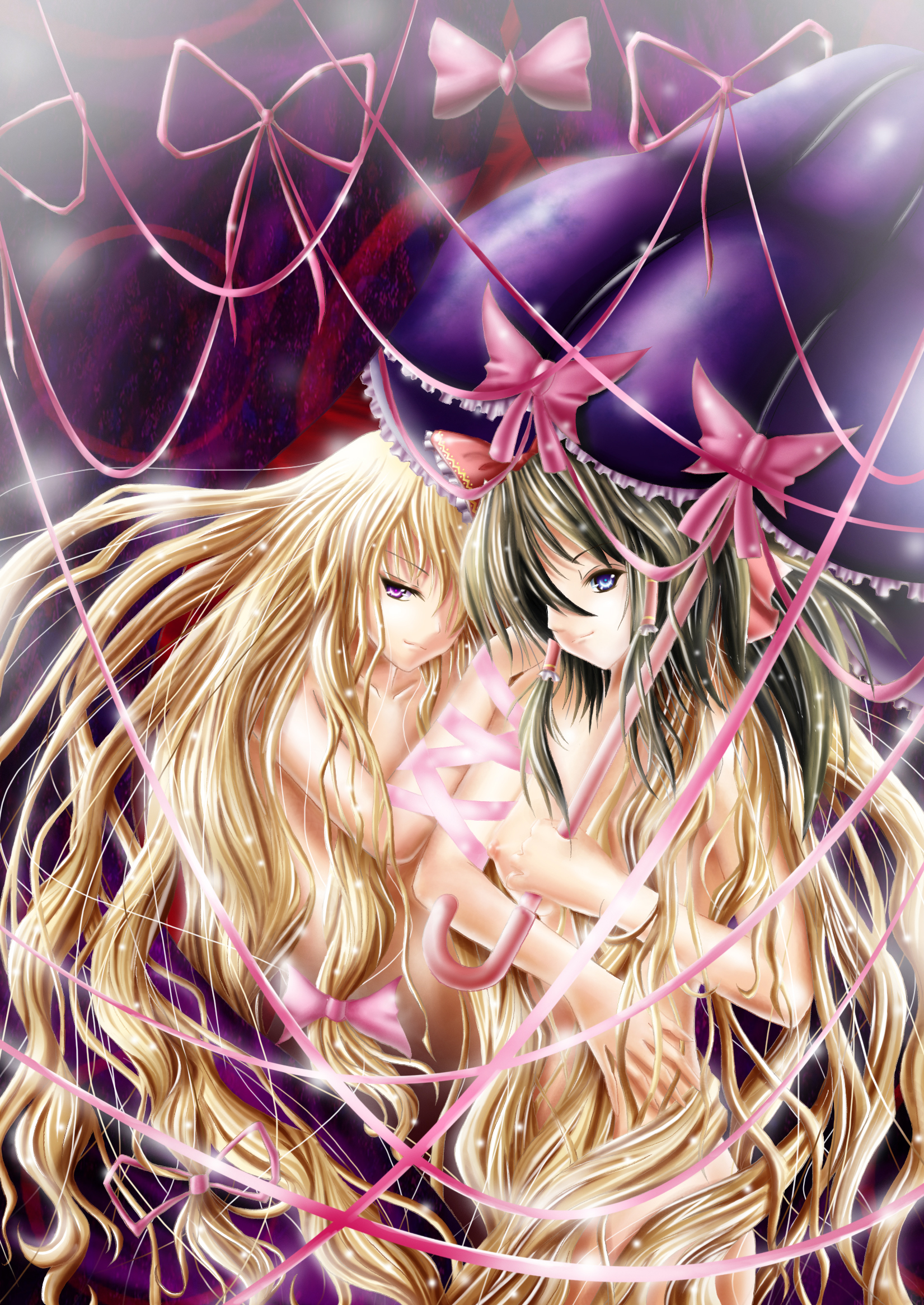 saber 01, hakurei reimu, yakumo yukari, touhou, highres, 2girls, black hair, blonde hair, blue eyes, breasts, female focus, long hair, multiple girls, nipples, nude, parasol, purple eyes, ribbon, smile, umbrella, very long hair