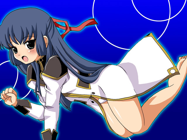 karasuma chitose, galaxy angel, non-web source, 00s, 1girl, barefoot, blue eyes, blue hair, female focus, half updo, long hair, matching hair/eyes, military, military uniform, panties, pantyshot, solo, underwear