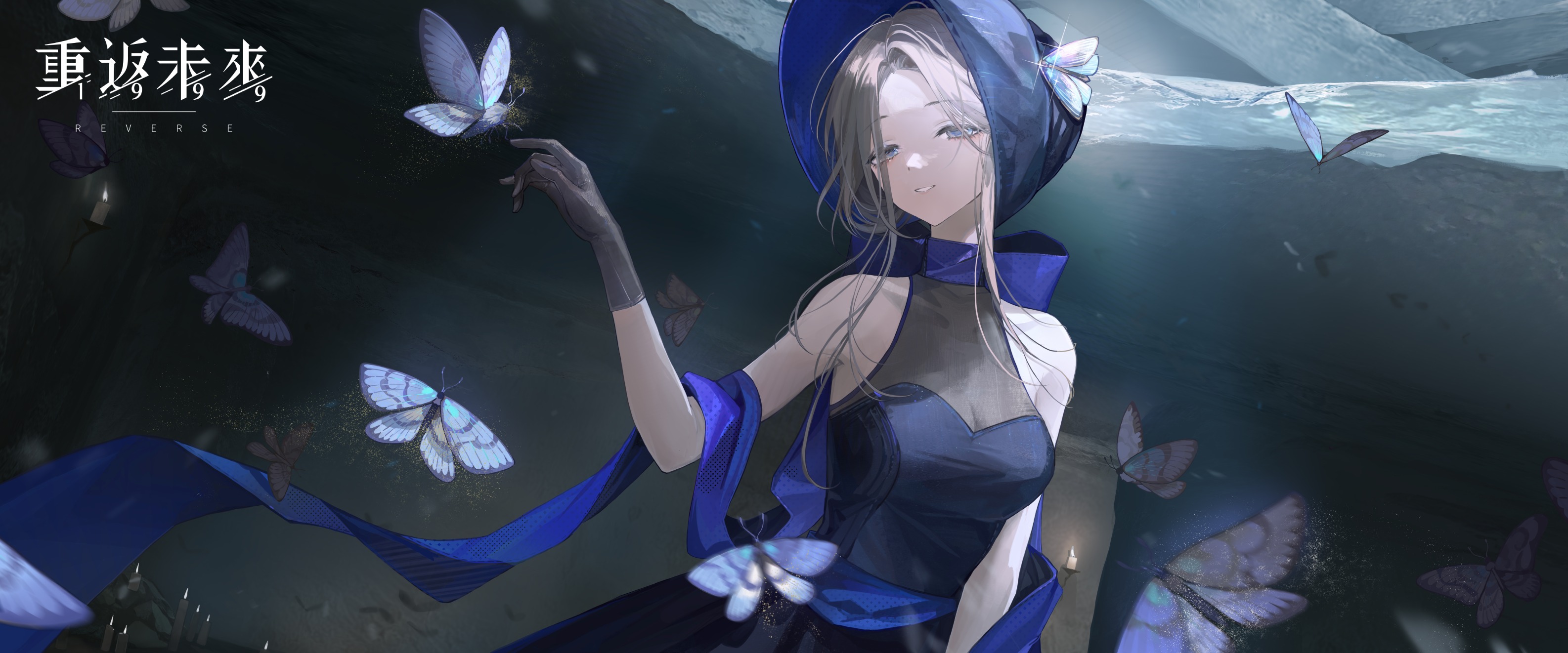 ms. grace (reverse:1999), reverse:1999, highres, official art, 1girl, bare shoulders, black dress, black hat, blue bow, blue bowtie, blue eyes, bonnet, bow, bowtie, breasts, bug, cleavage, copyright name, copyright notice, dress, gloves, grey gloves, grey hair, grin, hand up, hat, indoors, insect, logo, looking at viewer, medium breasts, moth, parted bangs, see-through cleavage, see-through clothes, short hair, sleeveless, sleeveless dress, smile, solo, upper body