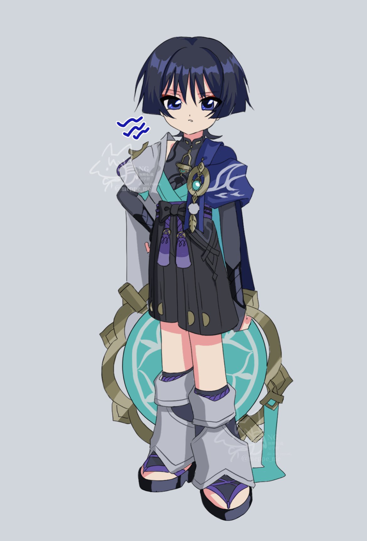 meppe me, scaramouche (genshin impact), wanderer (genshin impact), genshin impact, highres, 1boy, aqua gemstone, aqua hat, aqua kimono, armor, arms at sides, belt, black belt, black bodysuit, black bow, black bridal gauntlets, black hair, black sandals, black shorts, blue cape, blunt ends, bodysuit, bow, bridal gauntlets, cape, clothing cutout, eyeliner, eyeshadow, feathers, full body, gem, gold, grey background, hakama, hakama shorts, hand on own hip, hat, hip vent, holding, holding unworn clothes, holding unworn hat, japanese armor, japanese clothes, jingasa, juban, kimono, kote, kurokote, leg warmers, makeup, male focus, mandarin collar, open clothes, open kimono, open mouth, parody, pleated shorts, pom pom (clothes), purple eyes, purple rope, purple sash, red eyeliner, red eyeshadow, rope, sandals, sash, short sleeves, shorts, shoulder peek, solo, standing, style parody, tassel, toeless legwear, twitter username, unworn hat, unworn headwear, vision (genshin impact), watermark, white kimono, white leg warmers, white sleeves, white trim, wispy bangs, yellow feathers, zouri