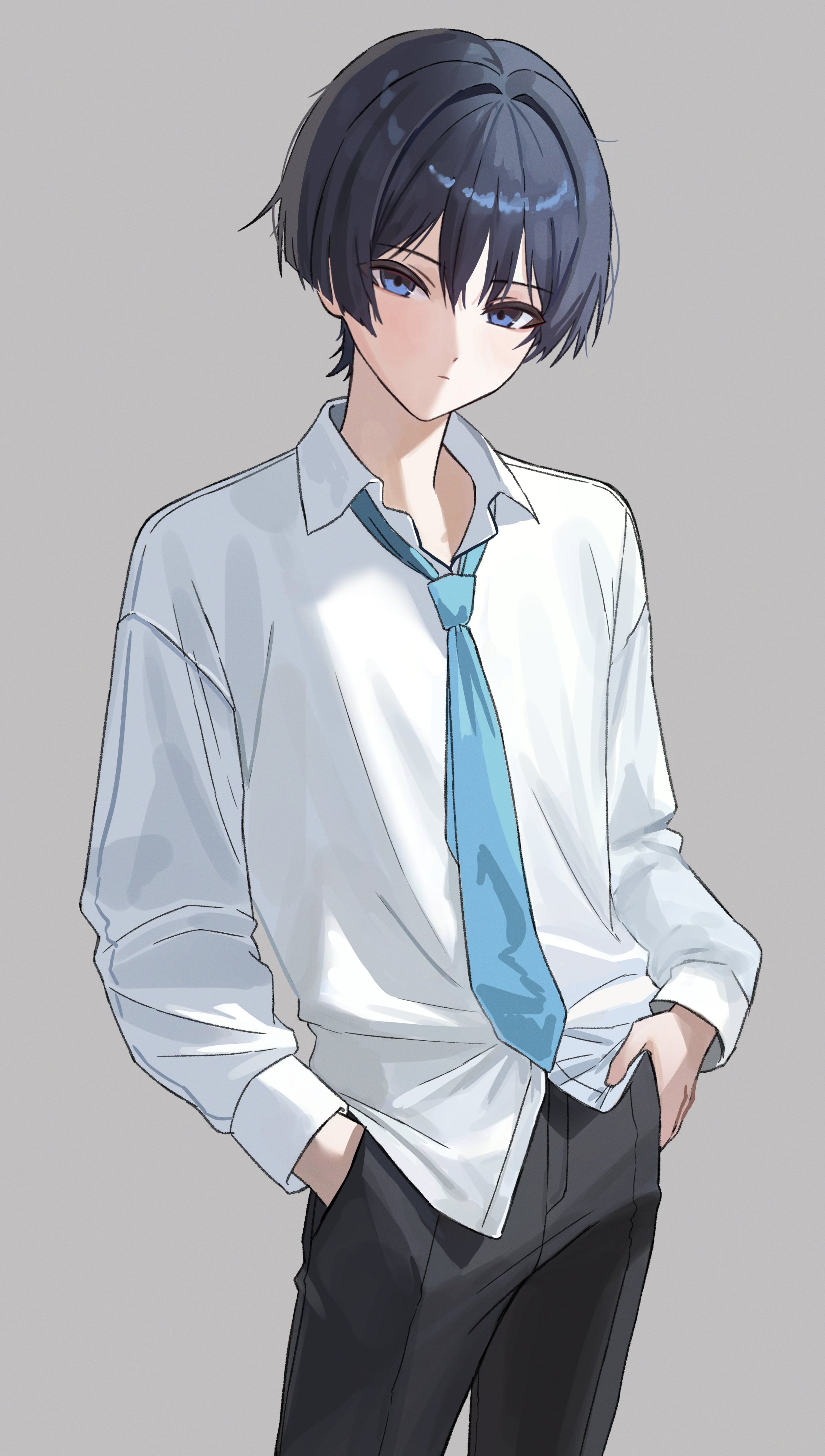 yamu (yamu 030), scaramouche (genshin impact), genshin impact, absurdres, highres, 1boy, alternate costume, aqua necktie, black hair, black pants, blue eyes, blunt ends, closed mouth, collared shirt, contemporary, contrapposto, cowboy shot, expressionless, formal clothes, grey background, hair intakes, hands in pockets, long sleeves, loose hair strand, male focus, necktie, pants, shirt, solo, tsurime, white shirt, white sleeves, wispy bangs
