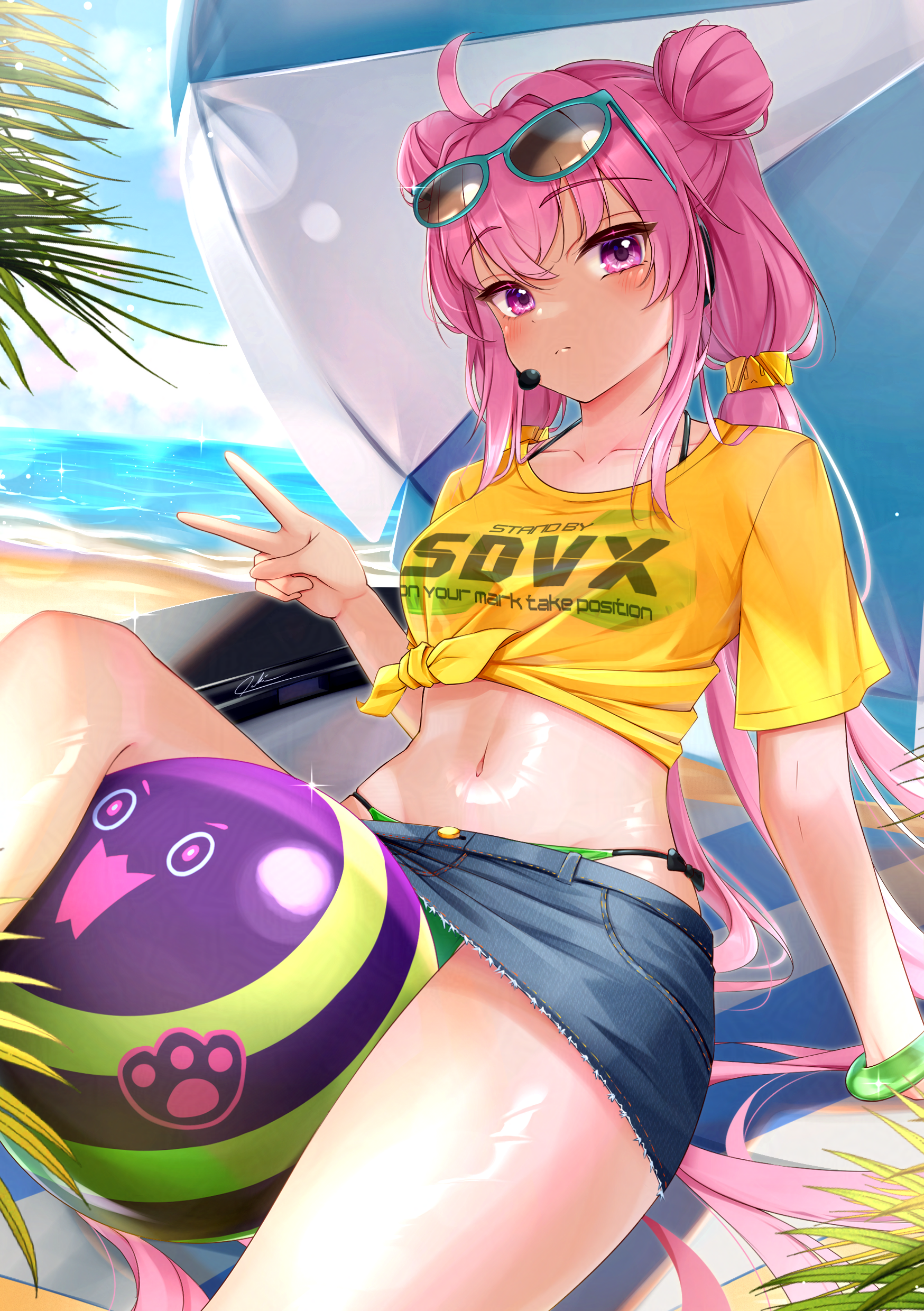 oukei, grace (sound voltex), grace (yumebuki) (sound voltex), bemani, sound voltex, absurdres, highres, 1girl, ball, beach, beachball, bikini, breasts, green bikini, long hair, looking at viewer, miniskirt, navel, pink eyes, pink hair, shirt, skirt, small breasts, solo, sunglasses, swimsuit, v, very long hair, yellow shirt