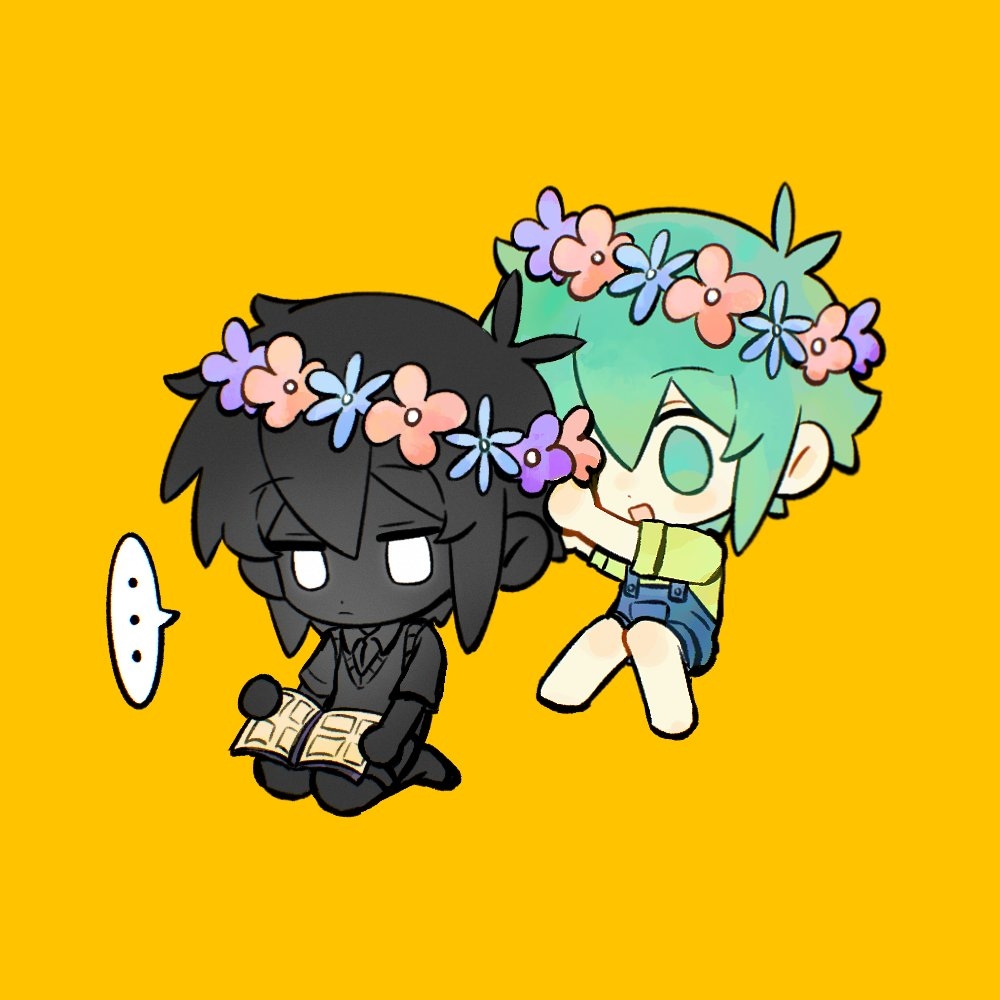 gongs0313, basil (headspace) (omori), basil (omori), stranger (omori), omori, chinese commentary, commentary request, …, 2boys, :d, antenna hair, barefoot, behind another, black hair, black skin, blue flower, blue overalls, book, book on lap, chibi, chibi only, chromatic aberration, closed mouth, collared shirt, colored skin, dot nose, double-parted bangs, expressionless, flower, flower wreath, full body, glowing, glowing eyes, green eyes, green hair, green shirt, hair between eyes, hands up, head wreath, holding, holding book, jitome, knees together feet apart, knees up, looking at another, male focus, multiple boys, open book, open mouth, orange background, overall shorts, overalls, photo album, purple flower, reading, red flower, seiza, shirt, short hair, short sleeves, sidelocks, simple background, sitting, smile, spoken ellipsis, sweater vest