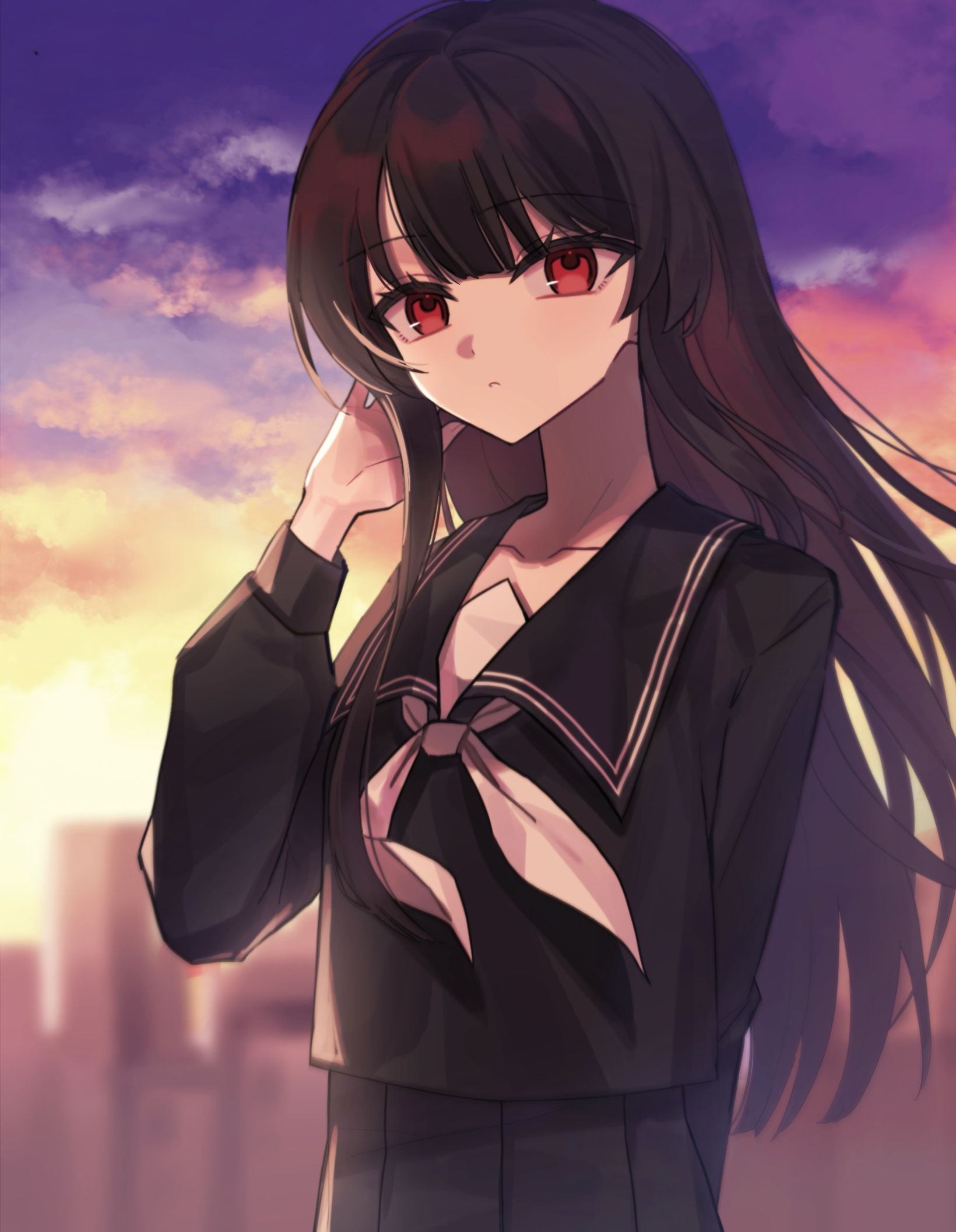 zetsuhika, nikaidou hiro, mahou shoujo no majo saiban, highres, 1girl, arm behind back, black hair, black serafuku, black shirt, black skirt, blunt bangs, blurry, closed mouth, cloud, cowboy shot, hand up, long hair, long sleeves, looking at viewer, neckerchief, outdoors, pleated skirt, red eyes, sailor collar, school uniform, serafuku, shirt, skirt, sky, solo, standing, sunset, white neckerchief