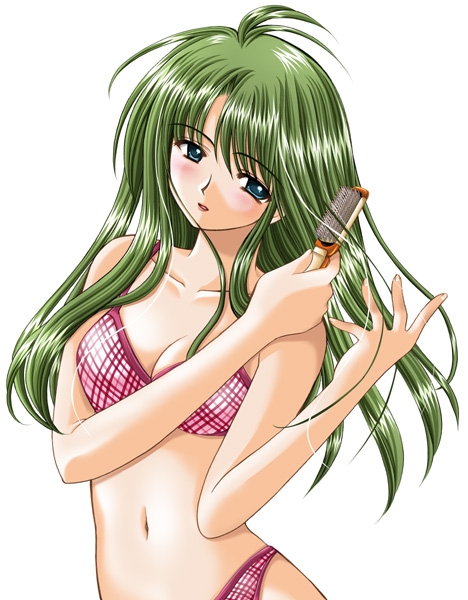 nishimata aoi, non-web source, 1girl, blue eyes, bra, female focus, green hair, hair brush, lingerie, long hair, panties, solo, underwear, underwear only