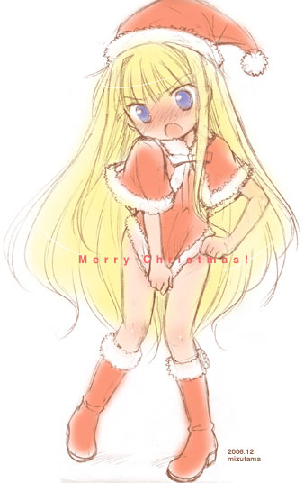 evangeline a.k. mcdowell, mahou sensei negima!, 00s, 1girl, blonde hair, blue eyes, blush, christmas, female focus, long hair, santa costume, solo, vampire, very long hair