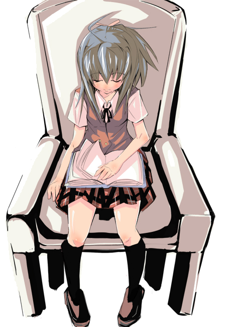 miyazaki nodoka, mahou sensei negima!, silver hair, 00s, 1girl, ahoge, black socks, book, brown skirt, closed eyes, female focus, full body, kneehighs, loafers, plaid clothes, plaid skirt, school uniform, shoes, short hair, simple background, sitting, skirt, sleeping, sleeping upright, socks, solo, white background