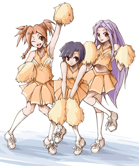 kakizaki misa, kugimiya madoka, shiina sakurako, mahou sensei negima!, uniform, 00s, 3girls, :d, blush, cheerleader, full body, holding, long hair, looking at viewer, multiple girls, open mouth, orange skirt, pleated skirt, pom pom (cheerleading), red eyes, short twintails, simple background, skirt, smile, stab, twintails, very long hair, white background