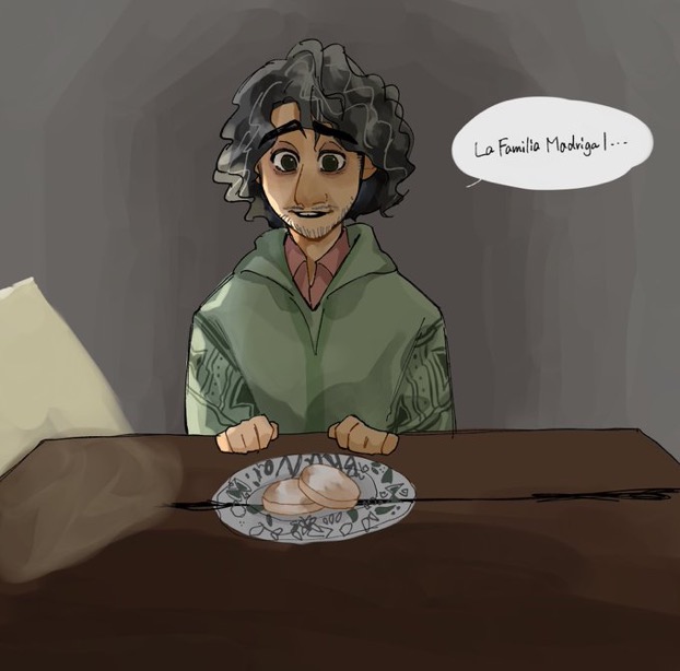 bruno madrigal, encanto, 1boy, black hair, brown eyes, brown hair, colombian clothes, curly hair, dark-skinned female, dark-skinned male, dark skin, facial hair, looking at viewer, poncho, shirt, short hair, simple background, user gumu3228