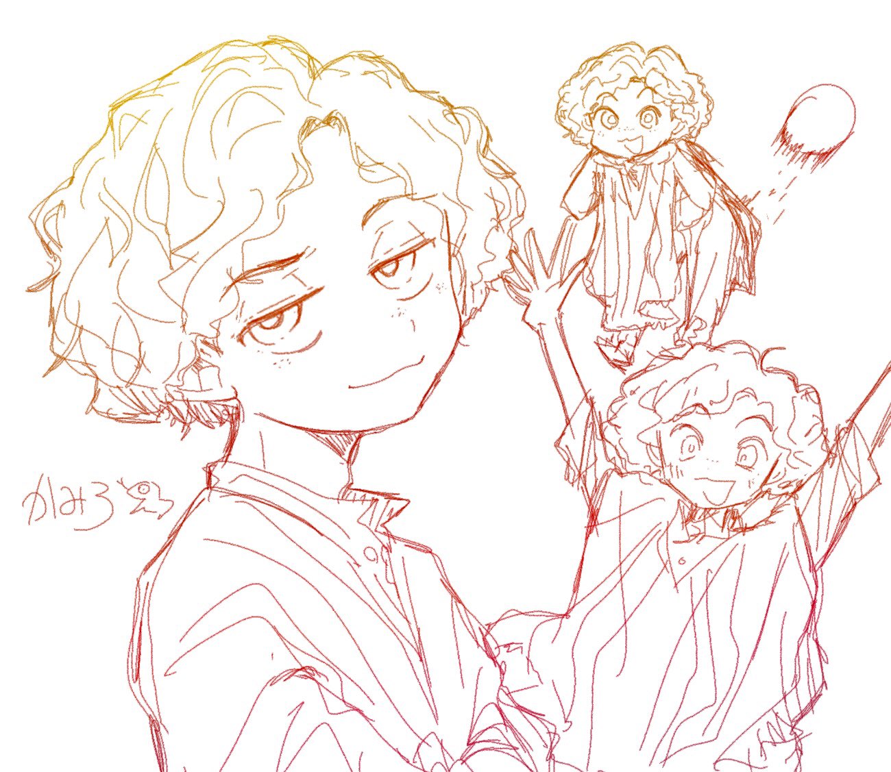 camilo madrigal, encanto, graphite (medium), traditional media, 1boy, afro, azumayayaya, colombian clothes, curly hair, male focus, multiple persona, poncho, shirt, short hair, simple background, smile, white shirt