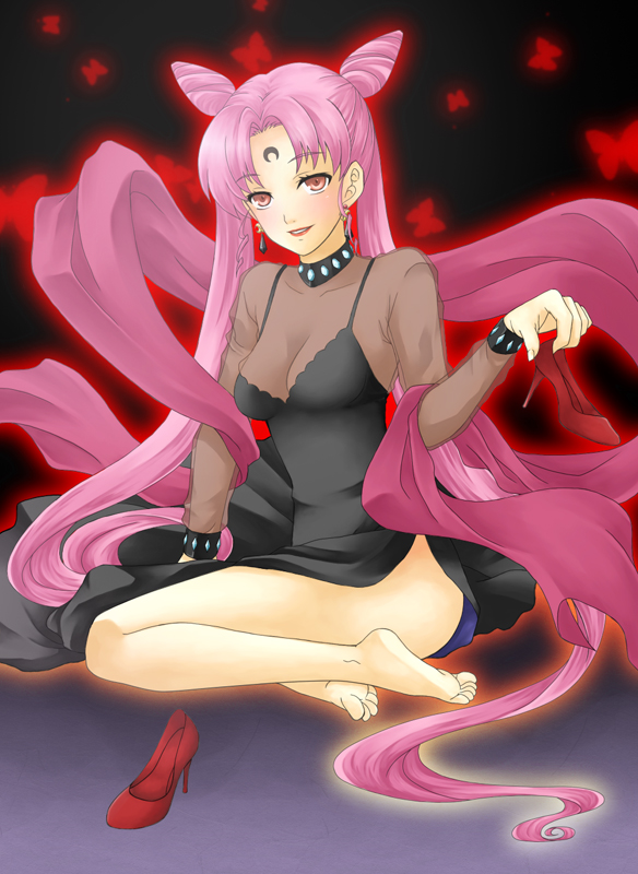 hitsugi kaname, black lady (sailor moon), chibi usa, bishoujo senshi sailor moon, bishoujo senshi sailor moon r, 1990s (style), 1girl, aged up, barefoot, blush, breasts, cleavage, cone hair bun, crescent, crescent facial mark, double bun, dress, earrings, facial mark, female focus, forehead mark, hair bun, high heels, jewelry, lipstick, long hair, makeup, pink eyes, pink hair, retro artstyle, see-through clothes, shawl, shoes, side slit, solo, twintails, very long hair