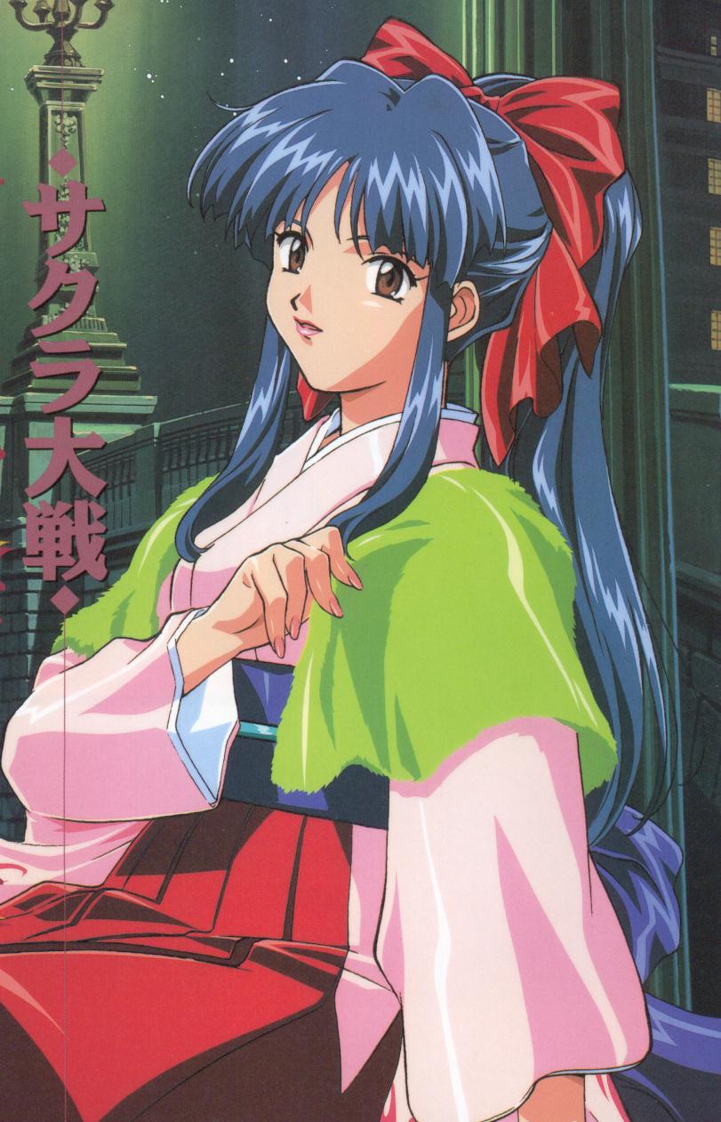 shinguuji sakura, sakura taisen, highres, official art, scan, 00s, 1girl, black hair, bow, brown eyes, female focus, hair bow, japanese clothes, long hair, looking at viewer, ponytail, solo