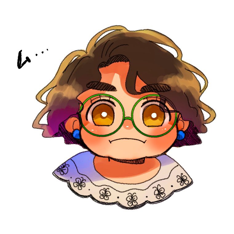 mirabel madrigal, encanto, 1girl, azumayayaya, brown eyes, brown hair, colombian clothes, curly hair, dark-skinned female, dark-skinned male, dark skin, earrings, embroidery, glasses, green-framed eyewear, jewelry, round eyewear, shirt, short hair, simple background, thick eyebrows