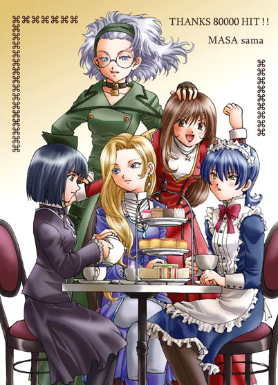 sirotuka lambda, erica fontaine, glycine bleumer, kitaooji hanabi, lobelia carlini, mell raison, sakura taisen, sakura taisen iii, sega, silver hair, 00s, 5girls, black hair, blonde hair, blue eyes, blue hair, blush, brown eyes, brown hair, chair, choker, cup, dress, earrings, glasses, green eyes, jewelry, long hair, maid, milestone celebration, multiple girls, pantyhose, short hair, smile, table, yellow eyes