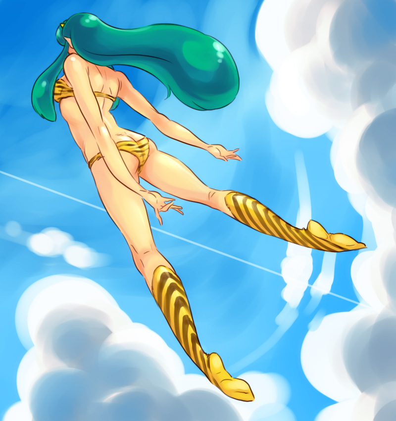 raizou, lum, urusei yatsura, 1girl, animal print, ass, bare shoulders, bikini, boots, butt crack, cloud, cone horns, day, female focus, green hair, horns, long hair, oni, pointy ears, sky, solo, swimsuit, tiger print, yellow horns