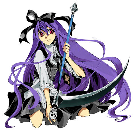 macco, bad id, bad pixiv id, lowres, bow, cross, dress, gothic lolita, hair bow, lolita fashion, long hair, necktie, pink eyes, purple hair, scythe, skull, smile, solo, vest