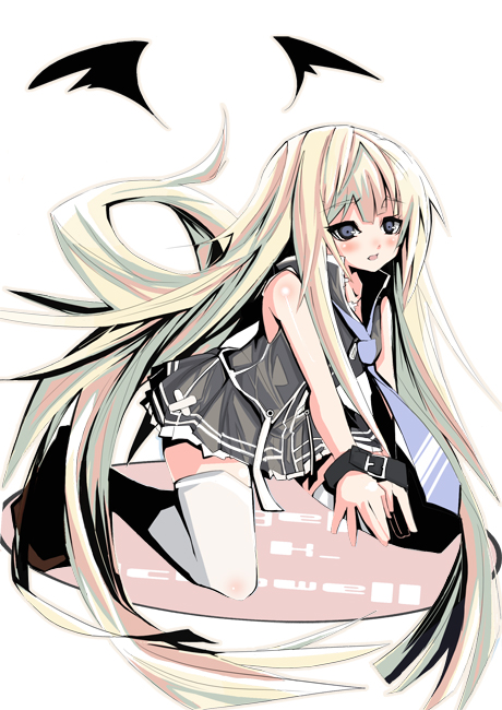 evangeline a.k. mcdowell, mahou sensei negima!, 00s, 1girl, bare shoulders, bat wings, blonde hair, dress, female focus, floating, full body, green eyes, long hair, looking at viewer, simple background, sleeveless, sleeveless dress, solo, thighhighs, vampire, very long hair, white background, white thighhighs, wings, zettai ryouiki