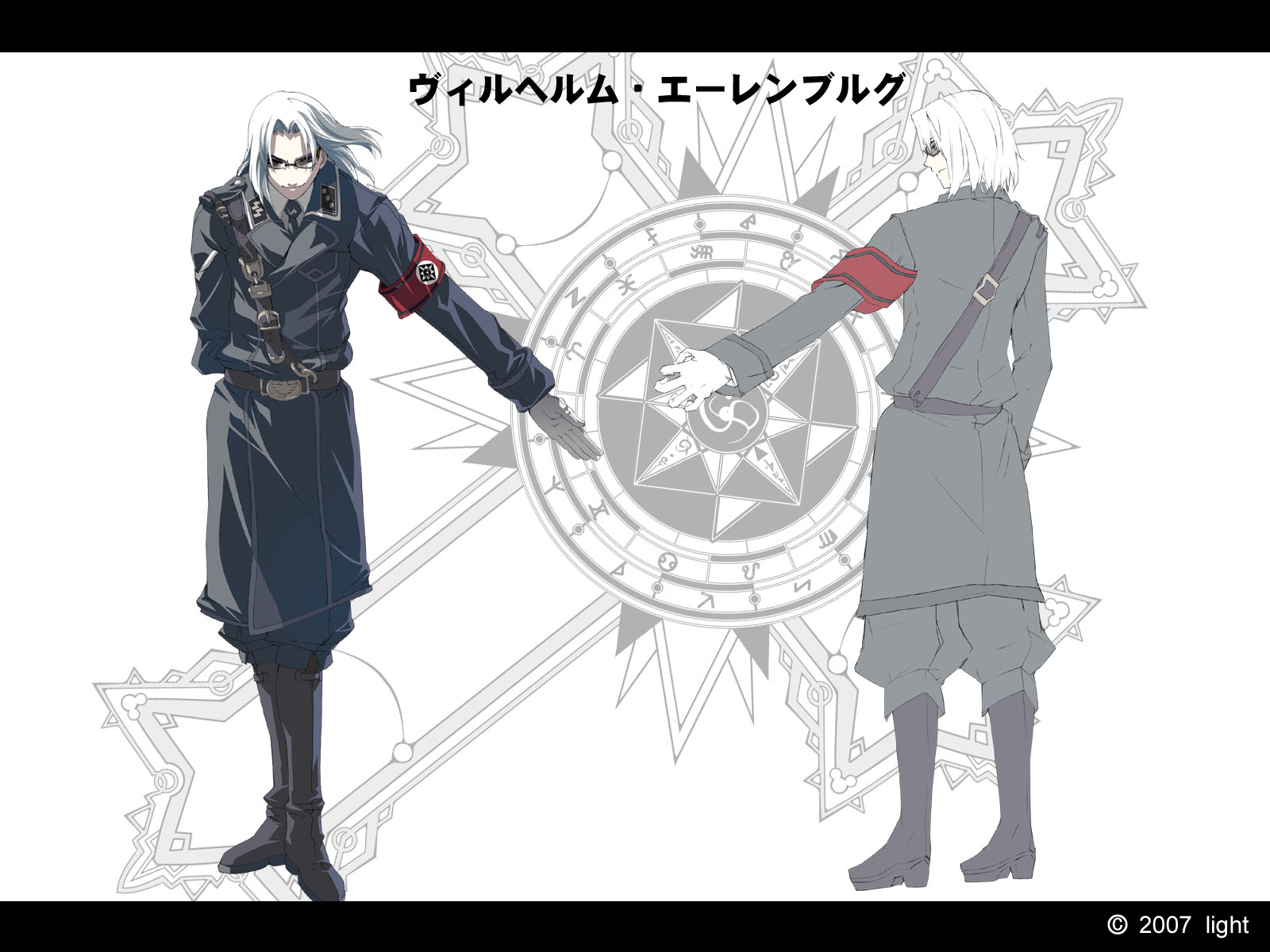g yuusuke, wilhelm ehrenburg, dies irae, shinza bansho series, highres, 10s, 1boy, armband, belt, boots, gloves, jodhpurs, male focus, military, military uniform, multiple views, nazi, pants, sam browne belt, short hair, sunglasses, white hair