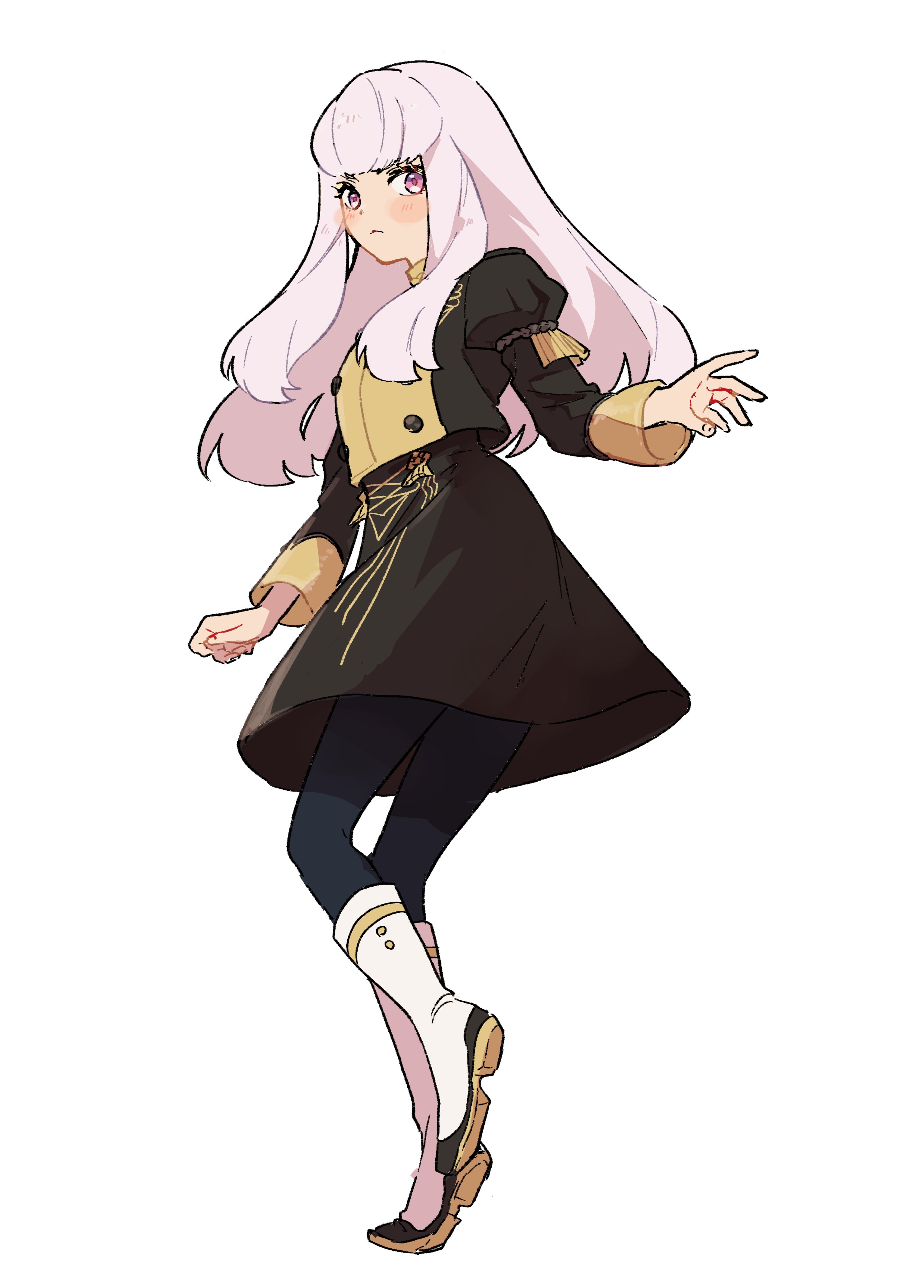 noki (nikumasyumaro), lysithea von ordelia, fire emblem, fire emblem: three houses, nintendo, absurdres, highres, 1girl, blue pantyhose, blush, boots, closed mouth, garreg mach monastery uniform, knee boots, long hair, long sleeves, looking at viewer, looking back, pantyhose, pink eyes, simple background, solo, white background, white boots, white hair