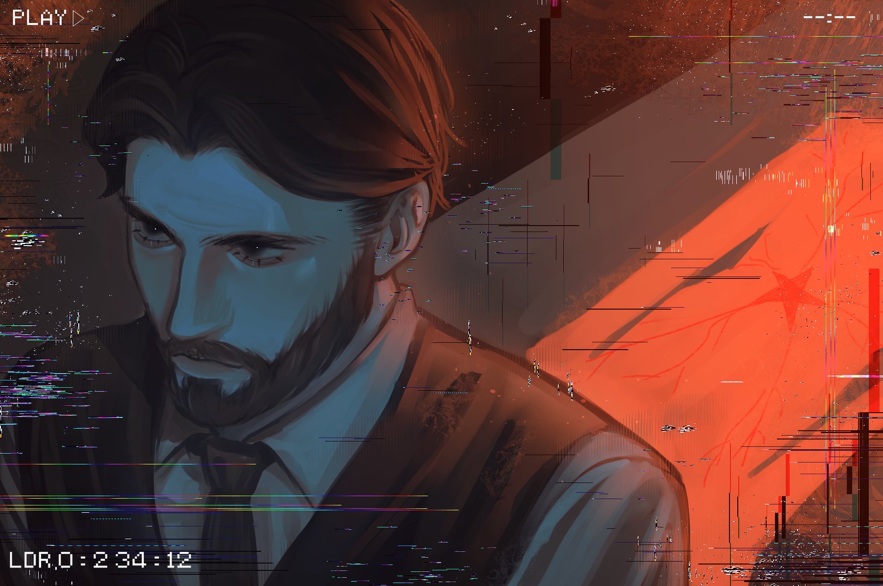 p-3 (atomic heart), atomic heart, highres, 1boy, agremur, bags under eyes, beard, black necktie, brown eyes, brown hair, brown vest, collared shirt, crack of light, distortion, english text, facial hair, glitch, male focus, necktie, recording, serious, shirt, short hair, sideburns, solo, swept bangs, upper body, vest, white shirt