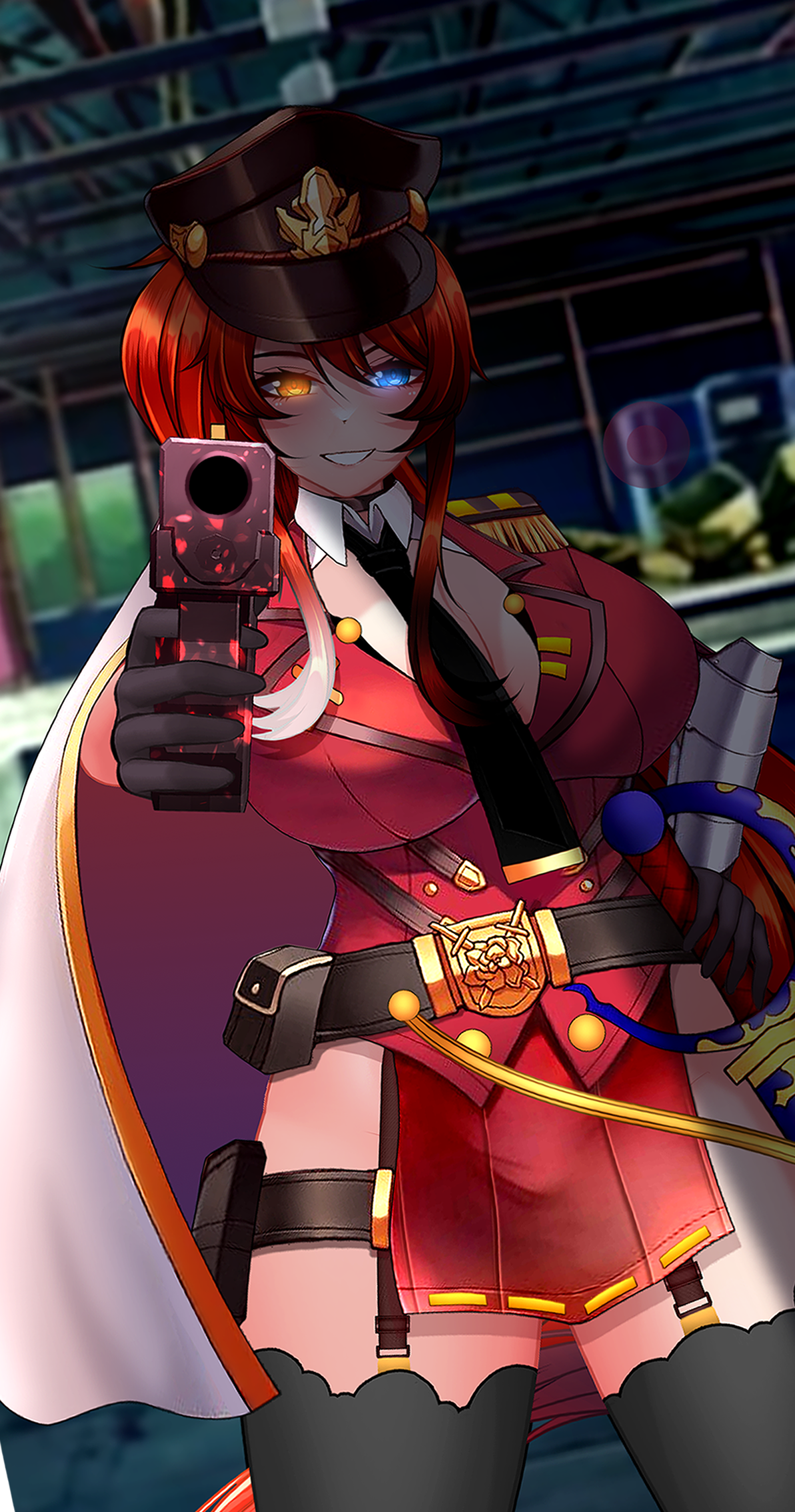 d.d.g (ddg3420), sharyn rose, original, commission, commissioner upload, highres, non-web source, second-party source, 1girl, aiming, aiming at viewer, bare hips, belt, belt pouch, blue eyes, blurry, blurry background, breasts, cape, cleavage cutout, clothing cutout, colored tips, dutch angle, epaulettes, garter straps, gloves, glowing, glowing eyes, grin, gun, half-closed eyes, handgun, hat, heterochromia, jacket, large breasts, long hair, long sidelocks, military hat, military uniform, multicolored hair, necktie, orange eyes, pelvic curtain, ponytail, pouch, red hair, red jacket, shade, shirt, sidelocks, single epaulette, smile, solo, square-end necktie, thick thighs, thigh pouch, thighhighs, thighs, tsurime, very long hair, weapon, white hair, white shirt, wing collar