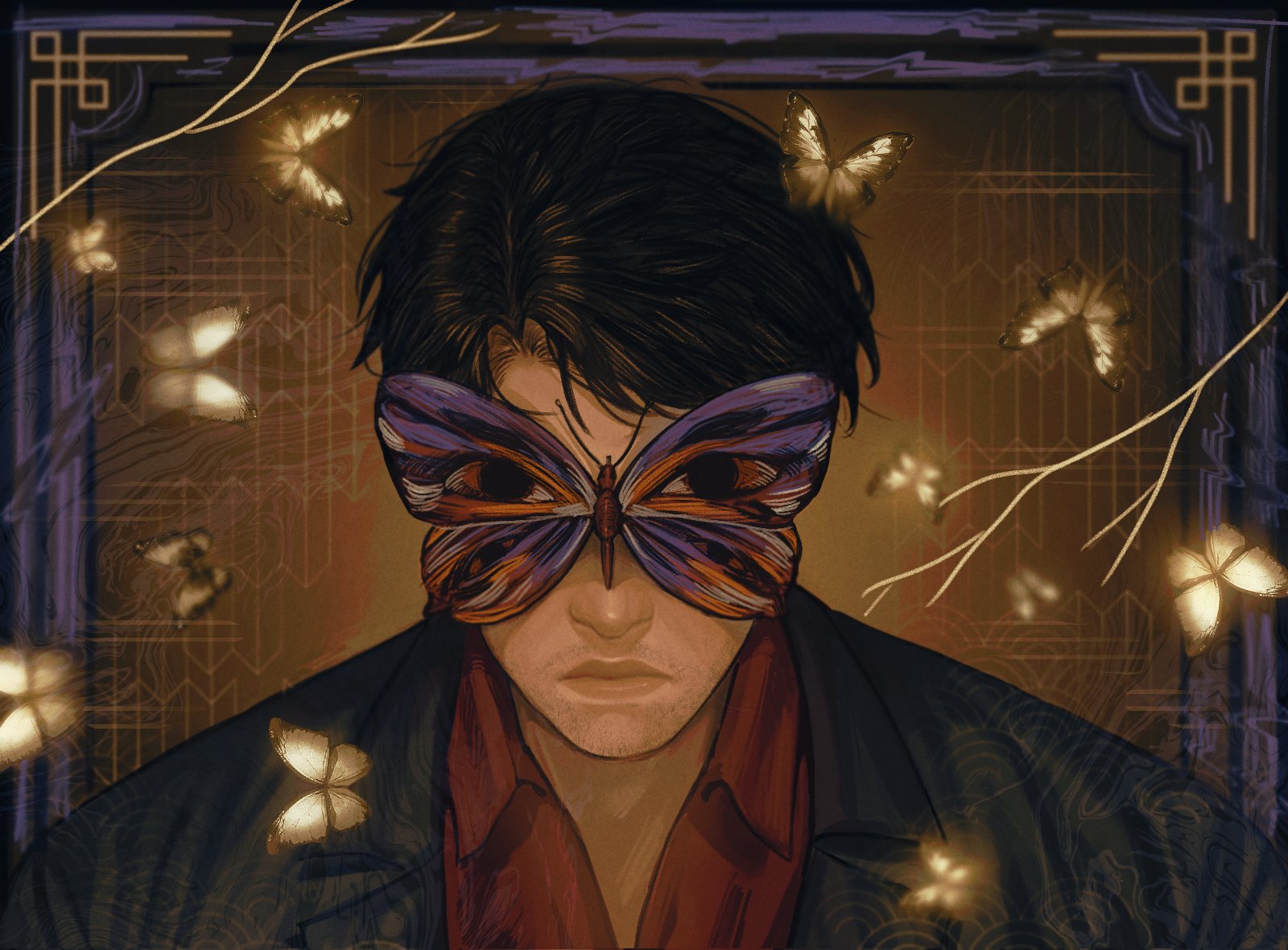 mortal kombat (series), mortal kombat 1 (2023), highres, agremur, black coat, black hair, border, branch, bug, butterfly, butterfly on face, censored, censored identity, coat, collared shirt, facing viewer, insect, kenshi takahashi, optical illusion, ornate border, portrait, red shirt, serious, shirt, short hair, too many, too many butterflies