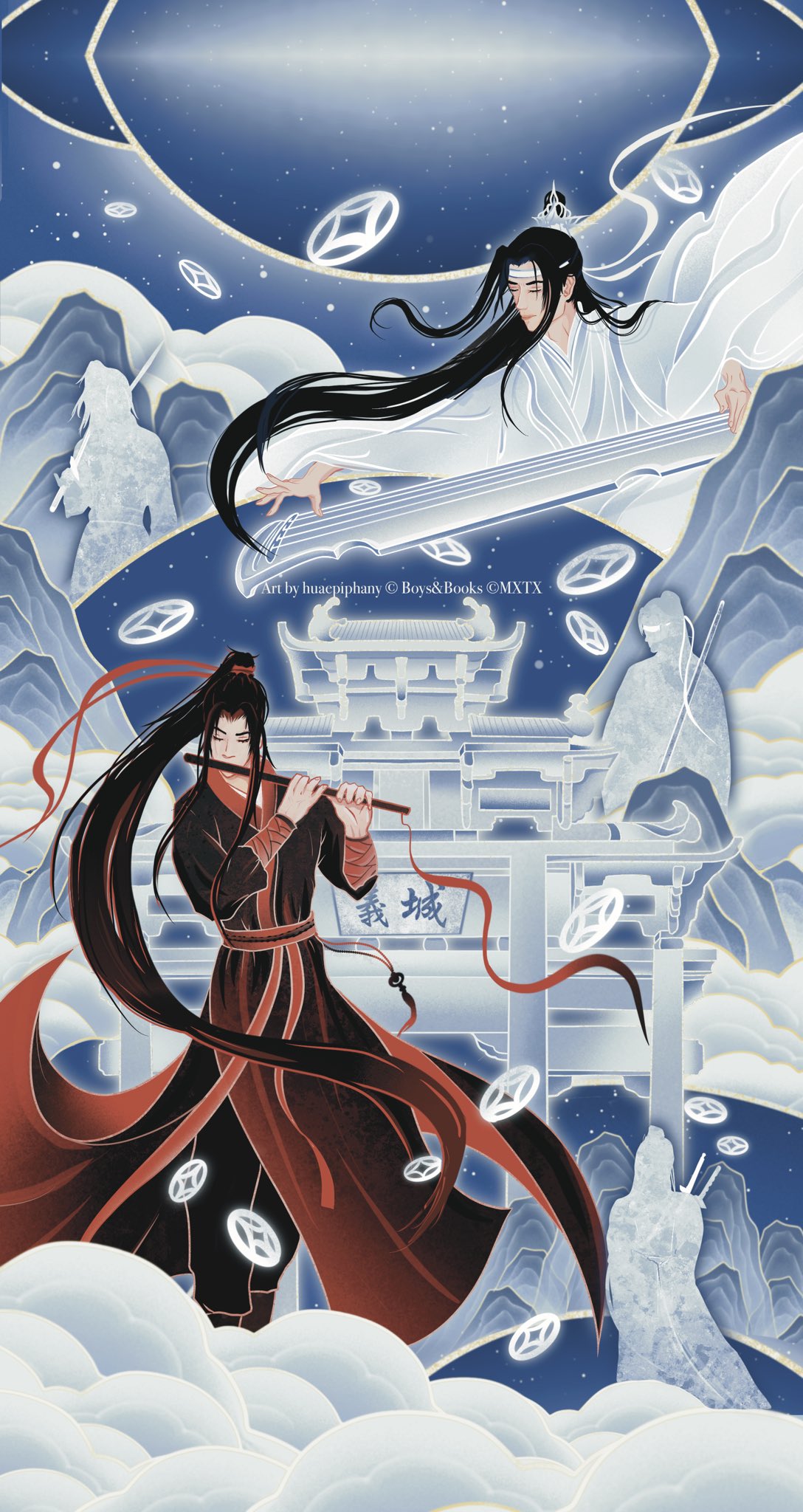 huaepiphany, lan wangji, song lan, wei wuxian, xiao xingchen, xue yang, modao zushi, highres, official art, 5boys, architecture, artist name, black hair, black hanfu, blindfold, blue background, blue sky, blue theme, chenqing flute, chinese clothes, chinese text, closed mouth, cloud, dizi, east asian architecture, falling, flute, flute tassel, guqin, hair ribbon, hanfu, headband, holding, holding flute, holding instrument, holding sword, holding weapon, instrument, long hair, long sleeves, male focus, mountain, multiple boys, music, over shoulder, playing instrument, ponytail, red hanfu, red ribbon, red sash, ribbon, robe, sash, silhouette, sky, standing, star (sky), starry sky, sword, sword on back, sword over shoulder, tassel, topknot, transverse flute, wangji guqin, watermark, weapon, weapon on back, weapon over shoulder, white hanfu, white headband, white ribbon, wide sleeves, xiao guan (headdress)
