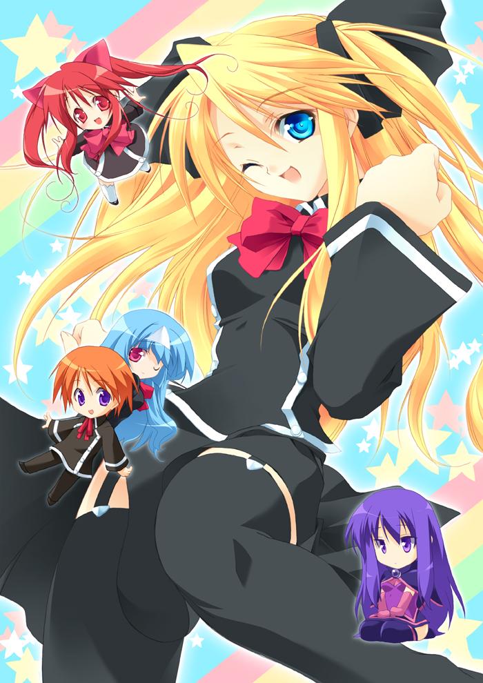 aloe, aloe (quiz magic academy), malariya, satsuki (quiz magic academy), shalon, yuu (quiz magic academy), quiz magic academy, jpeg artifacts, non-web source, 1boy, 4girls, blonde hair, blue eyes, brother and sister, chibi, long hair, multiple girls, school uniform, serafuku, siblings, thighhighs, very long hair