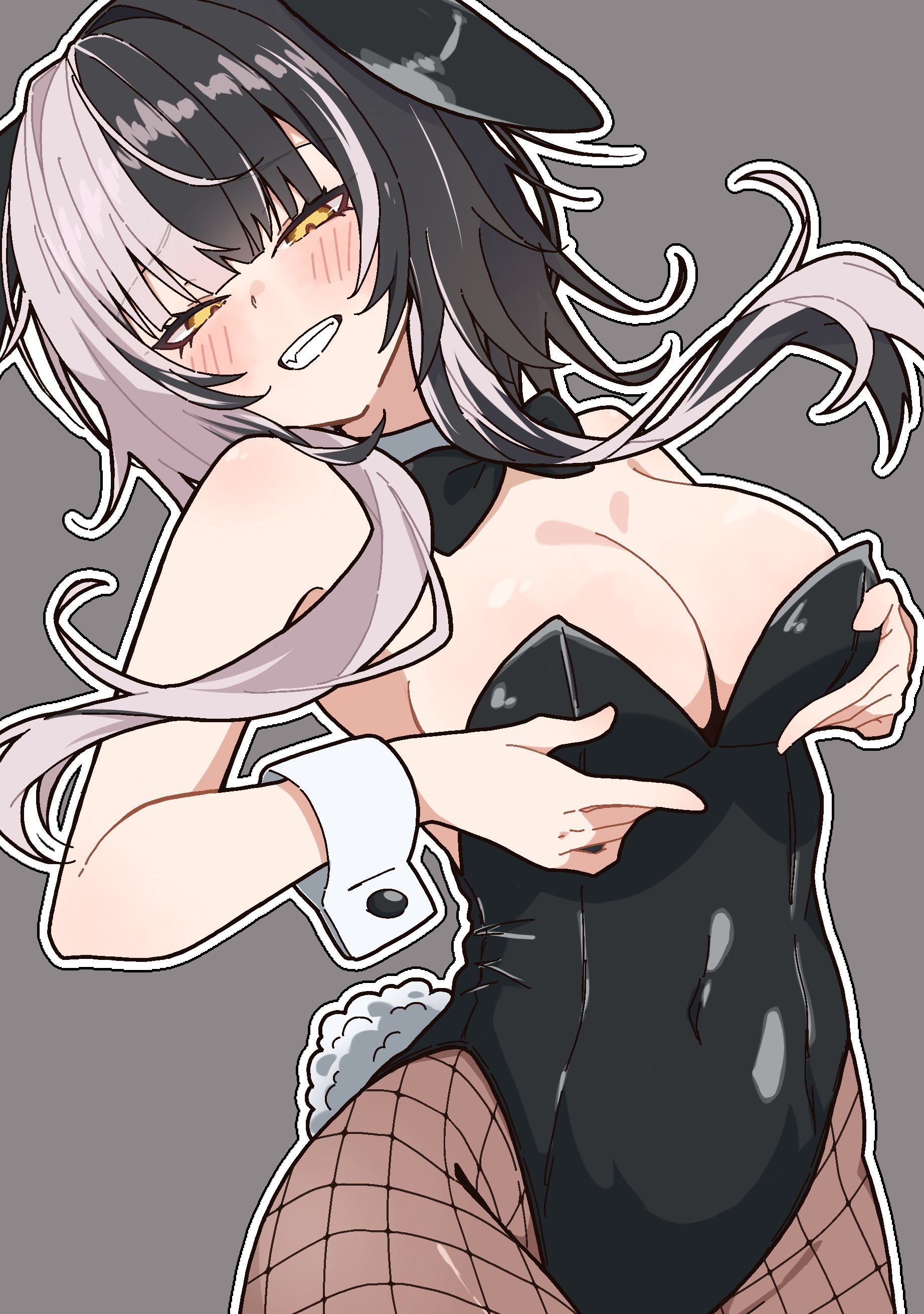 midoku (itijikusakura), shiori novella, hololive, hololive english, absurdres, highres, 1girl, animal ear hairband, animal ears, bare shoulders, black hair, black leotard, black nails, blush, bow, bowtie, breasts, brown pantyhose, cleavage, covered navel, detached collar, fake animal ears, fake tail, fishnet pantyhose, fishnets, grey background, grey hair, hairband, highleg, highleg leotard, large breasts, leotard, long hair, looking at viewer, multicolored hair, pantyhose, playboy bunny, rabbit ear hairband, rabbit ears, rabbit tail, simple background, smile, solo, split-color hair, strapless, strapless leotard, tail, two-tone hair, virtual youtuber, white wrist cuffs, wrist cuffs, yellow eyes