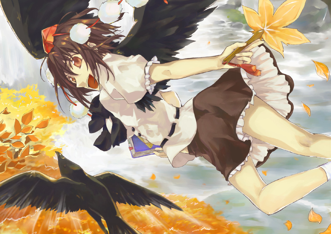 kouno matsuri, nuebunny, shameimaru aya, touhou, 1girl, bird, black hair, black wings, book, brown hair, crow, female focus, flying, hand fan, hat, looking at viewer, open mouth, short hair, skirt, smile, socks, solo, wings