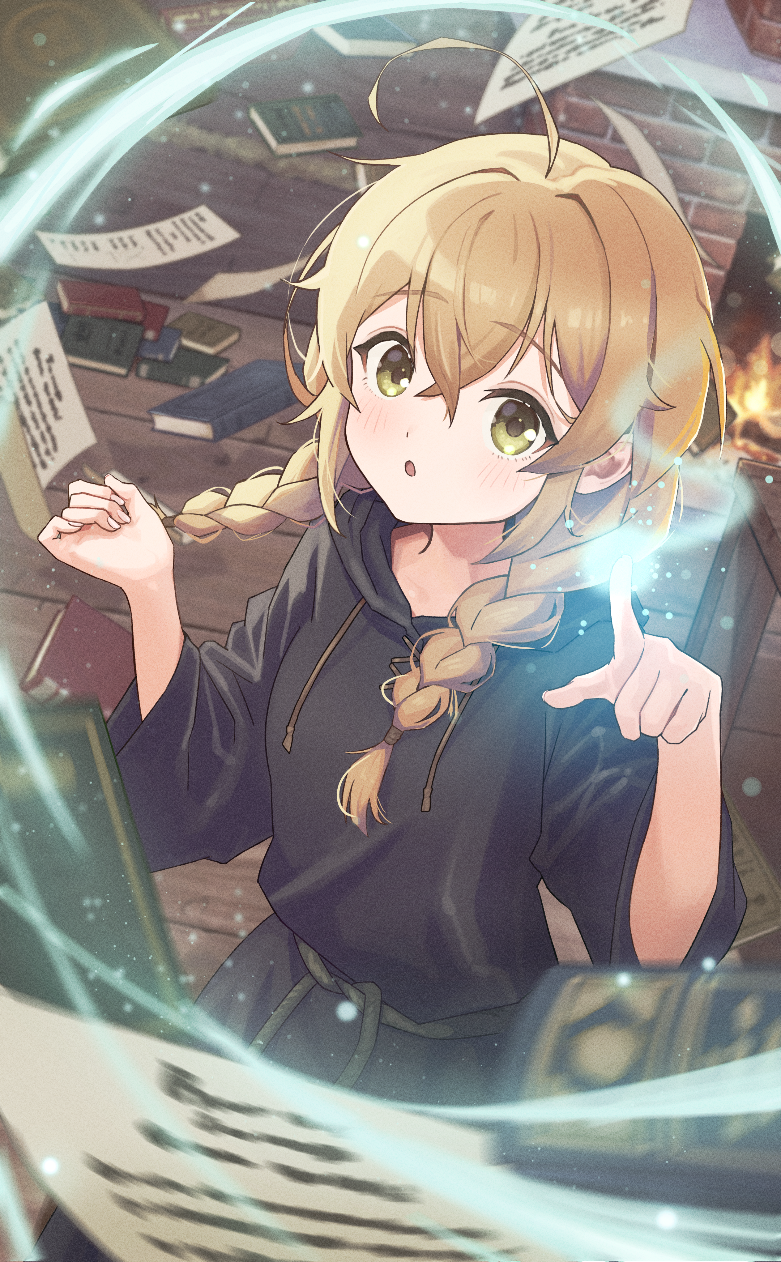 gimi 00, monica everett, silent witch, absurdres, highres, 1girl, aerokinesis, ahoge, black robe, blurry, blurry foreground, blush, book, braid, breasts, brown eyes, brown hair, eyebrows hidden by hair, glowing finger, hair between eyes, long hair, looking at viewer, open mouth, paper, robe, small breasts, solo, twin braids, wind