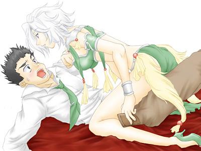 lobelia carlini, oogami ichirou, sakura taisen, sakura taisen iii, lowres, 00s, bikini, blush, grey eyes, high heels, loincloth, necktie, shoes, short hair, sweatdrop, swimsuit, wallet, white hair
