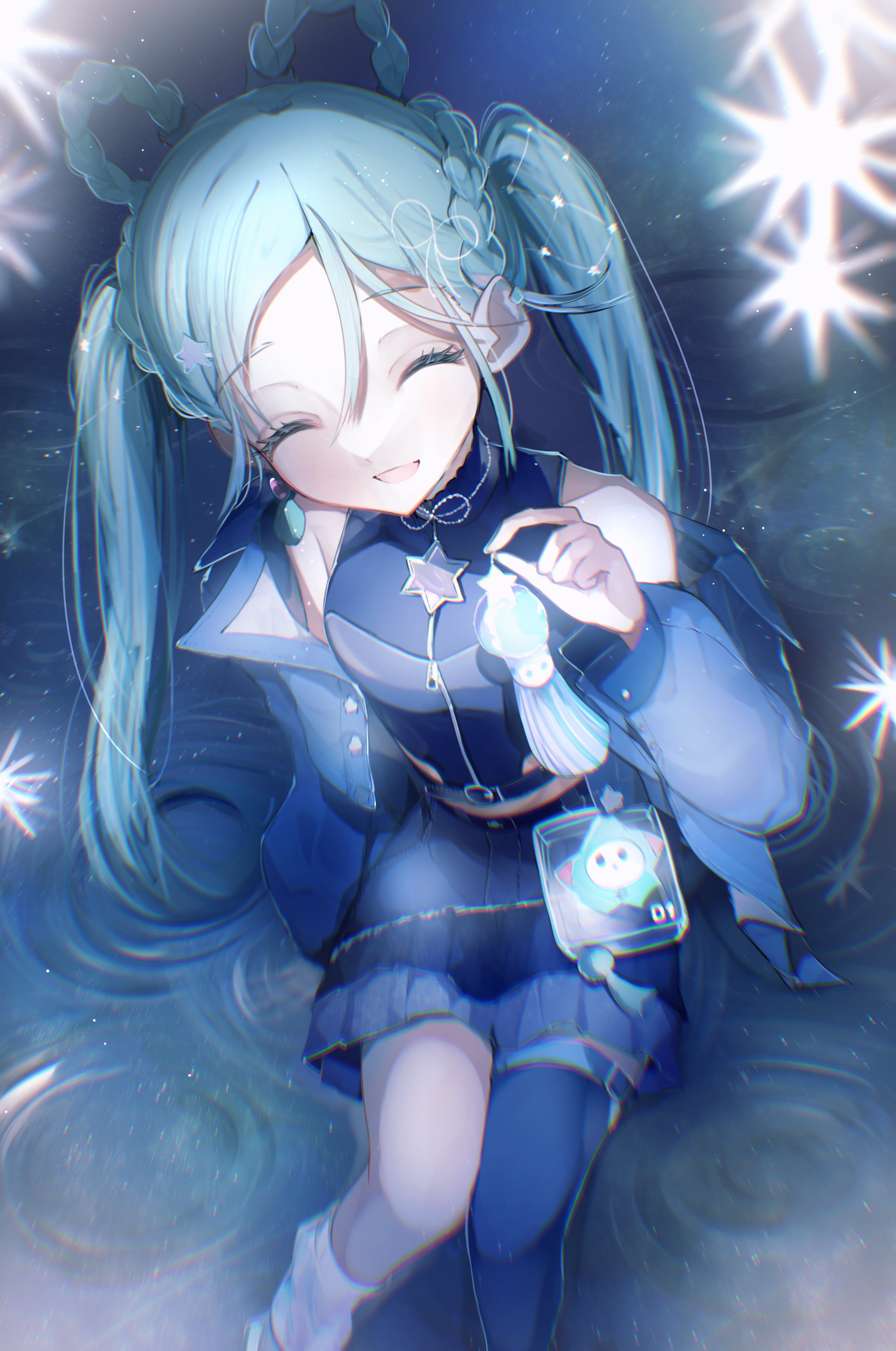 ketyara, hatsune miku, magical mirai miku, magical mirai miku (2025), magical mirai (vocaloid), vocaloid, absurdres, highres, 1girl, absurdly long hair, aqua hair, blue jacket, blue skirt, blue thighhighs, braid, braided hair rings, breasts, closed eyes, crop top, earrings, hair between eyes, hair ornament, hair rings, heart, heart earrings, jacket, jewelry, long hair, long sleeves, medium breasts, official alternate costume, official alternate hairstyle, open clothes, open jacket, open mouth, shirt, single earring, single thighhigh, sitting, skirt, sleeveless, sleeveless shirt, smile, solo, star (symbol), star hair ornament, thighhighs, twintails, very long hair
