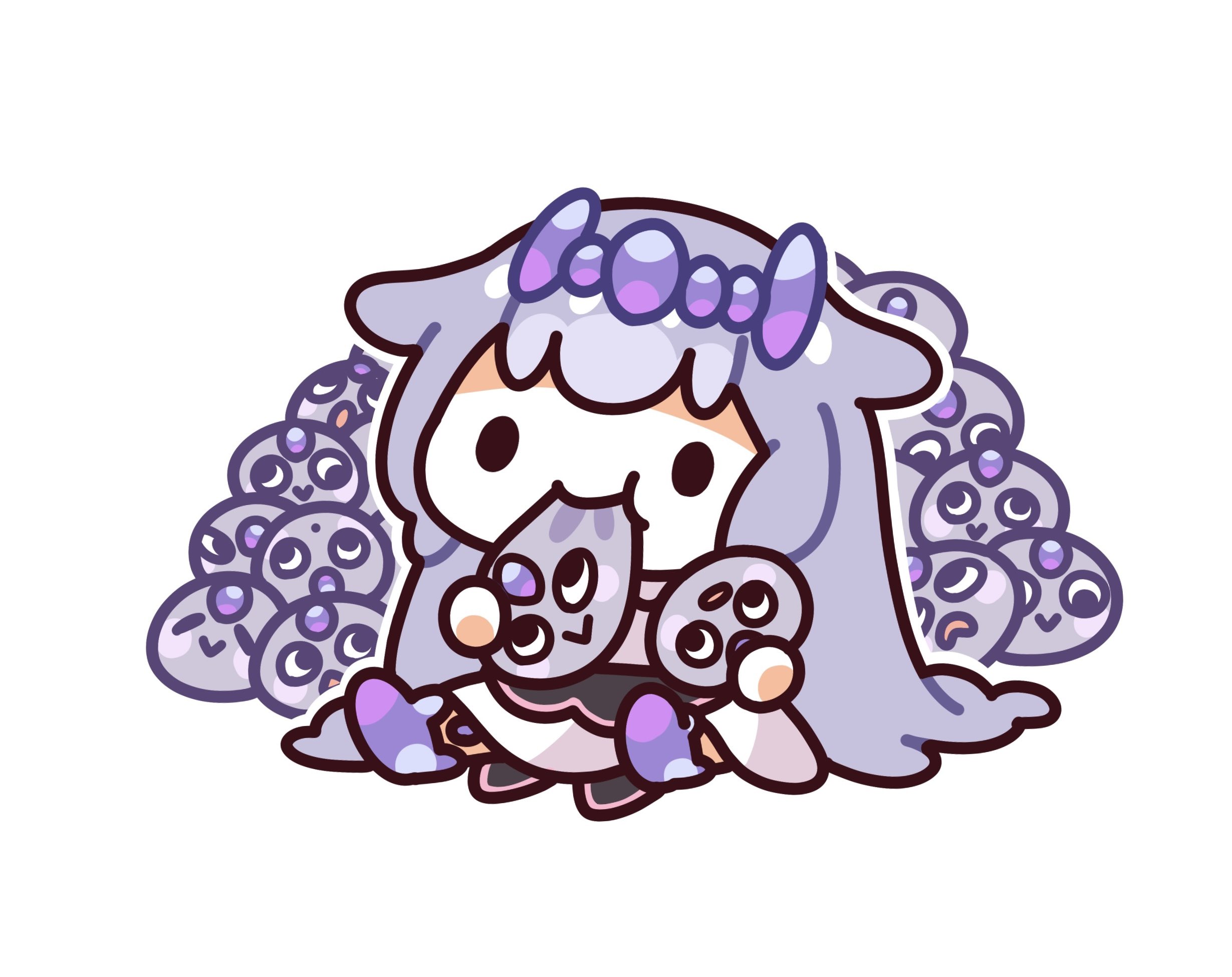mochigome (h0 pj), koseki bijou, pebble (koseki bijou), hololive, hololive english, highres, 1girl, chibi, chibi only, eating, grey hair, long hair, looking at viewer, smile, solo, virtual youtuber