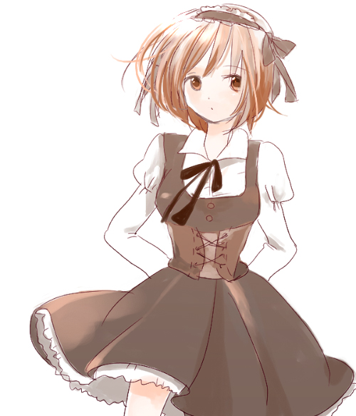 suzumiya haruhi, suzumiya haruhi no yuuutsu, non-web source, 00s, alternate costume, brown eyes, brown hair, dress, frills, gothic lolita, lolita fashion, short hair, solo