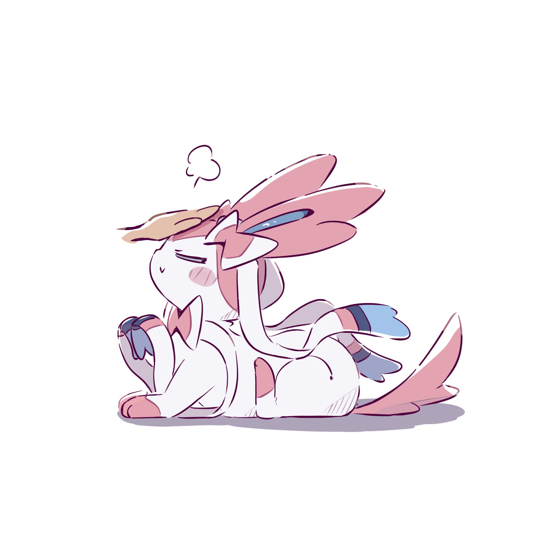 foznya, sylveon, nintendo, pokemon, highres, 1other, animal focus, bow, closed eyes, closed mouth, full body, gen 6 pokemon, headpat, pink fur, pokemon (creature), pokemon focus, ribbon, simple background, smile, tail, two-tone fur, white background, white fur