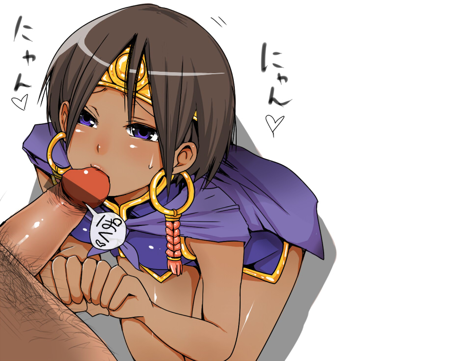 nakasone haiji, najaran, culdcept, bad id, bad pixiv id, 1girl, brown hair, censored, dark skin, fellatio, hetero, jewelry, oral, penis, purple eyes, short hair, solo focus, tan
