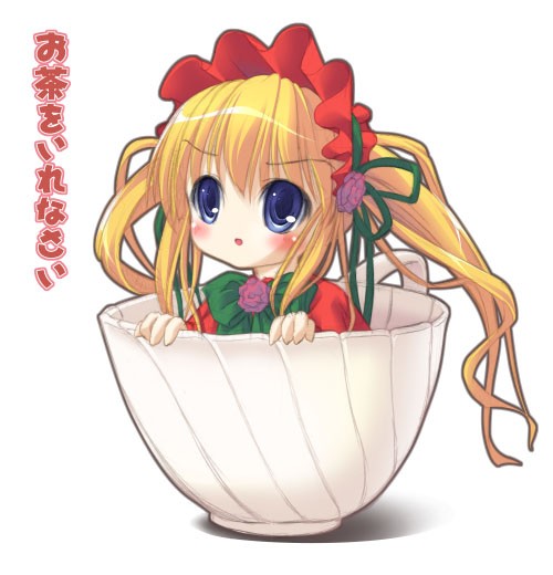 shinku, rozen maiden, non-web source, translated, 00s, blonde hair, blue eyes, cup, frills, long hair, solo, teacup, text focus, twintails