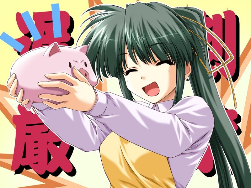 shintarou, kumotani chizuru, boy meets girl, game cg, jpeg artifacts, non-web source, 1girl, apron, closed eyes, female focus, green hair, long hair, piggy bank, solo