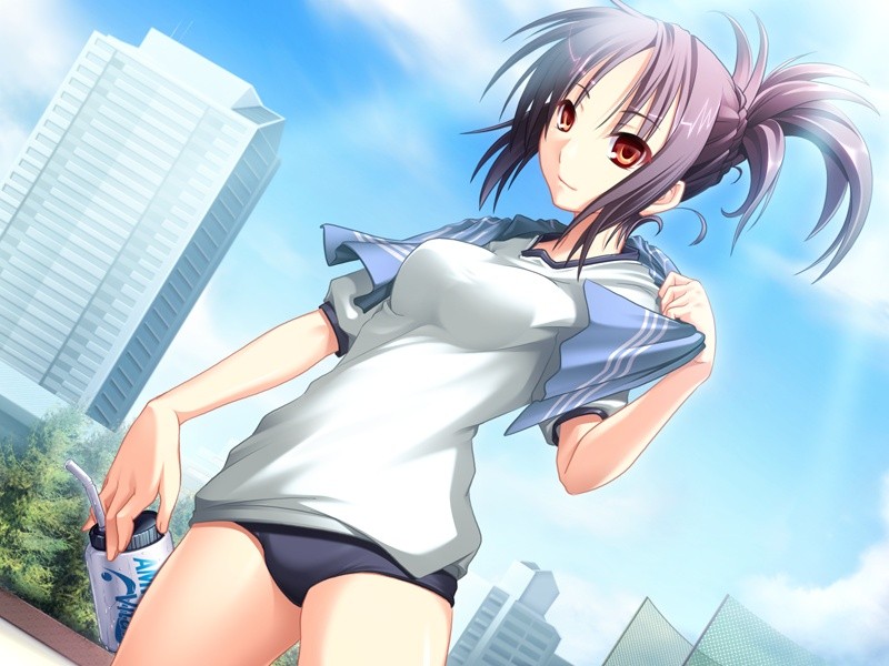 maika, uchuu keiji soldivan, game cg, 1girl, buruma, dutch angle, gym uniform, ponytail, purple hair, red eyes, towel