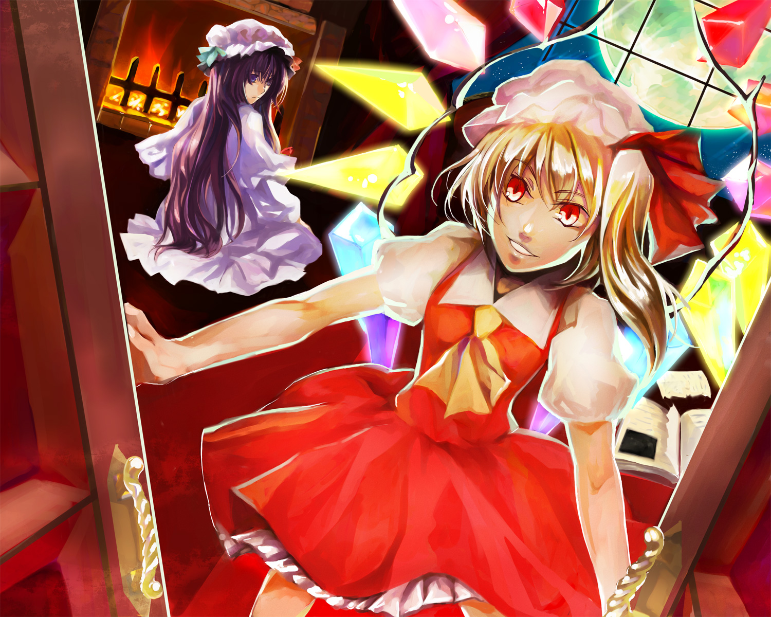 kouno matsuri, nuebunny, flandre scarlet, patchouli knowledge, embodiment of scarlet devil, touhou, highres, 2girls, blonde hair, book, female focus, hat, hat ribbon, long hair, mob cap, moon, multiple girls, ponytail, purple eyes, purple hair, red eyes, ribbon, short hair, side ponytail, wings