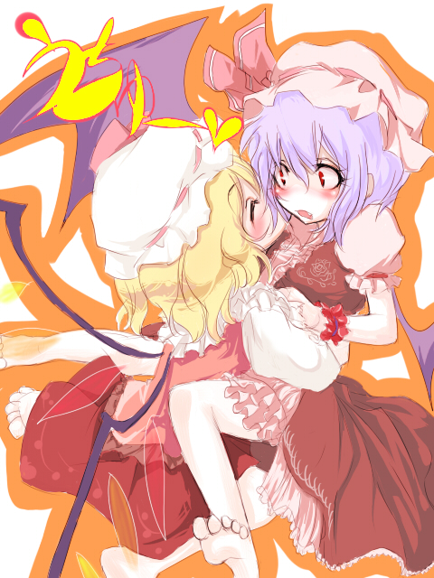 shiro (artist), shiro (hakukosui), flandre scarlet, remilia scarlet, touhou, 2girls, barefoot, blonde hair, blue hair, blush, child, feet, female focus, hat, hat ribbon, hug, incest, kiss, mob cap, multiple girls, ribbon, short hair, siblings, sisters, wings, yuri