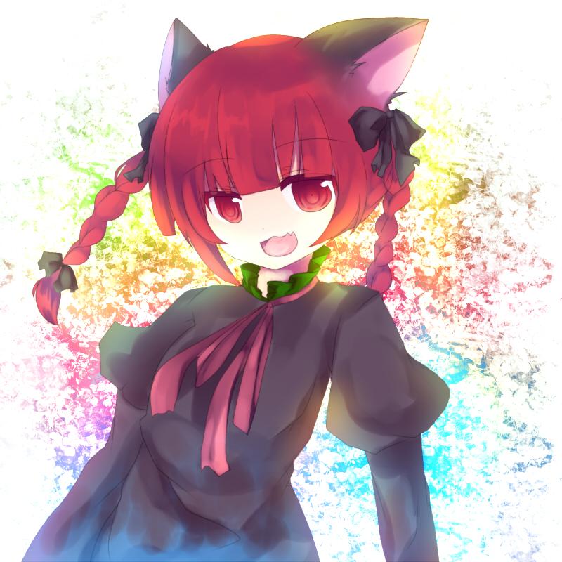eiko (pixiv), eiko (tukino), kaenbyou rin, touhou, bad id, bad pixiv id, 1girl, animal ears, bow, braid, cat ears, cat girl, fang, female focus, hair ribbon, red eyes, red hair, ribbon, solo, twin braids, twintails