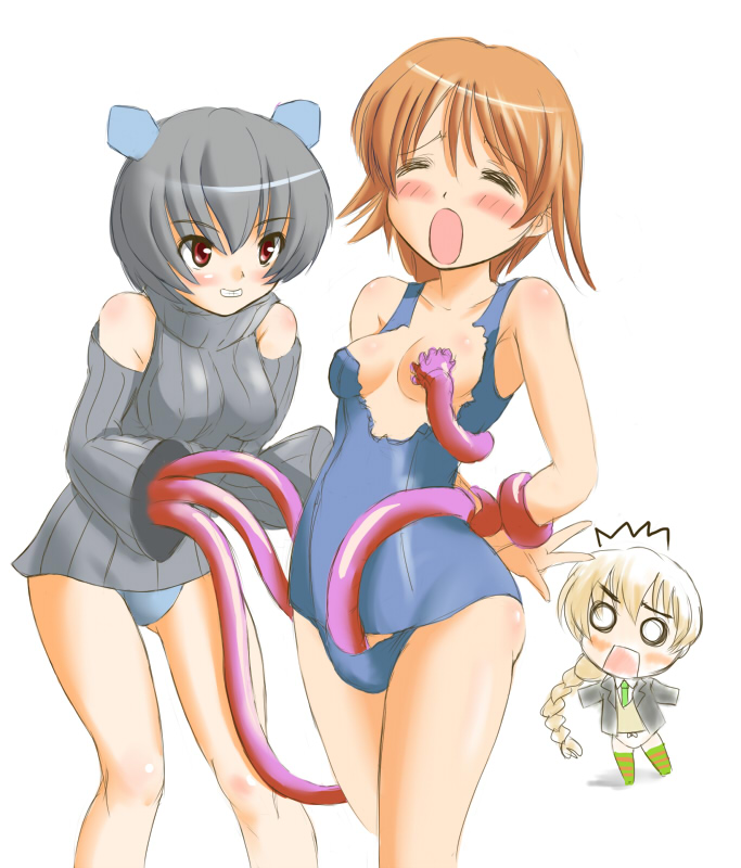 lynette bishop, miyafuji yoshika, neuroi, neuroi girl, strike witches, world witches series, 00s, 3girls, :o, ^^^, bare shoulders, blush, chibi, cowboy shot, empty eyes, full body, long sleeves, multiple girls, open mouth, simple background, standing, surprised, sweater, swimsuit, tentacles, torn clothes, turtleneck, white background, wince, yuri