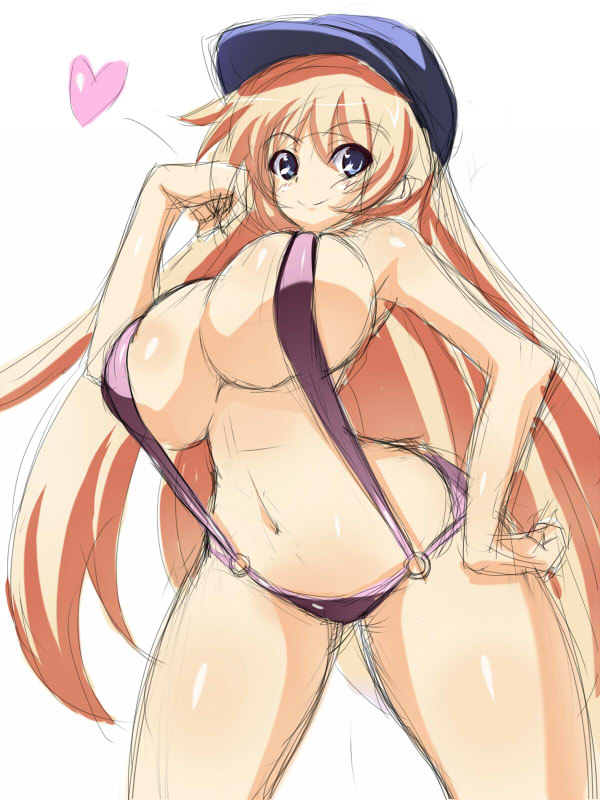 nanakorobi yaoki, original, 1girl, bikini, blonde hair, blue eyes, breasts, curvy, female focus, from below, hat, heart, huge breasts, long hair, oekaki, sideboob, sketch, slingshot swimsuit, smile, solo, strap gap, swimsuit, underboob, very long hair