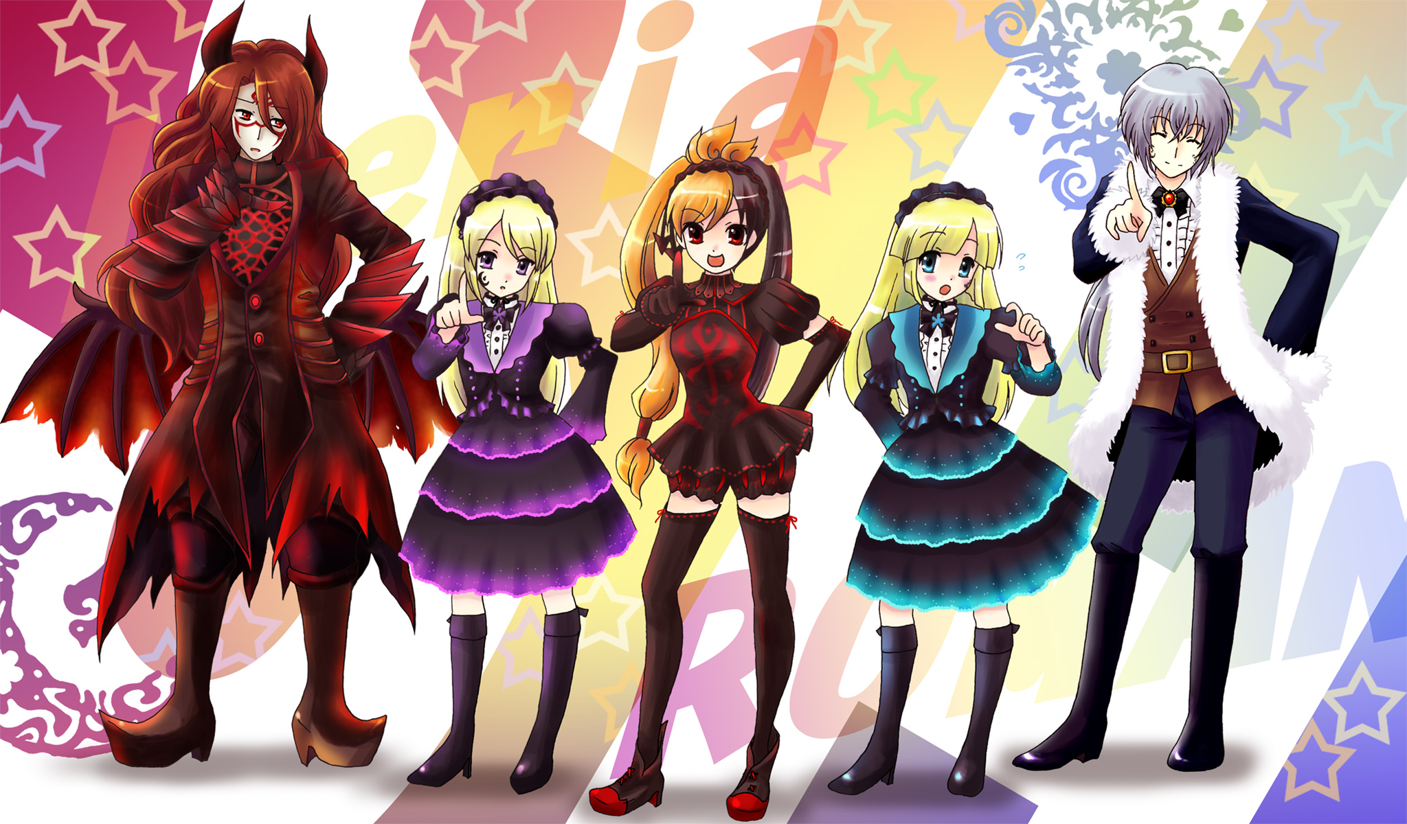kazabuki sei, hiver laurant, hortense (sound horizon), layla (sound horizon), shaytan, shaytan (sound horizon), violette (sound horizon), hare hare yukai, roman (sound horizon), seisen no iberia, sound horizon, suzumiya haruhi no yuuutsu, bad id, bad pixiv id, highres, 2boys, 3girls, blonde hair, blue eyes, blush, crossover, dancing, demon boy, dress, gothic lolita, horns, lolita fashion, multiple boys, multiple girls, parody, purple eyes, red eyes, red hair, siblings, smile, thighhighs, twins, zettai ryouiki