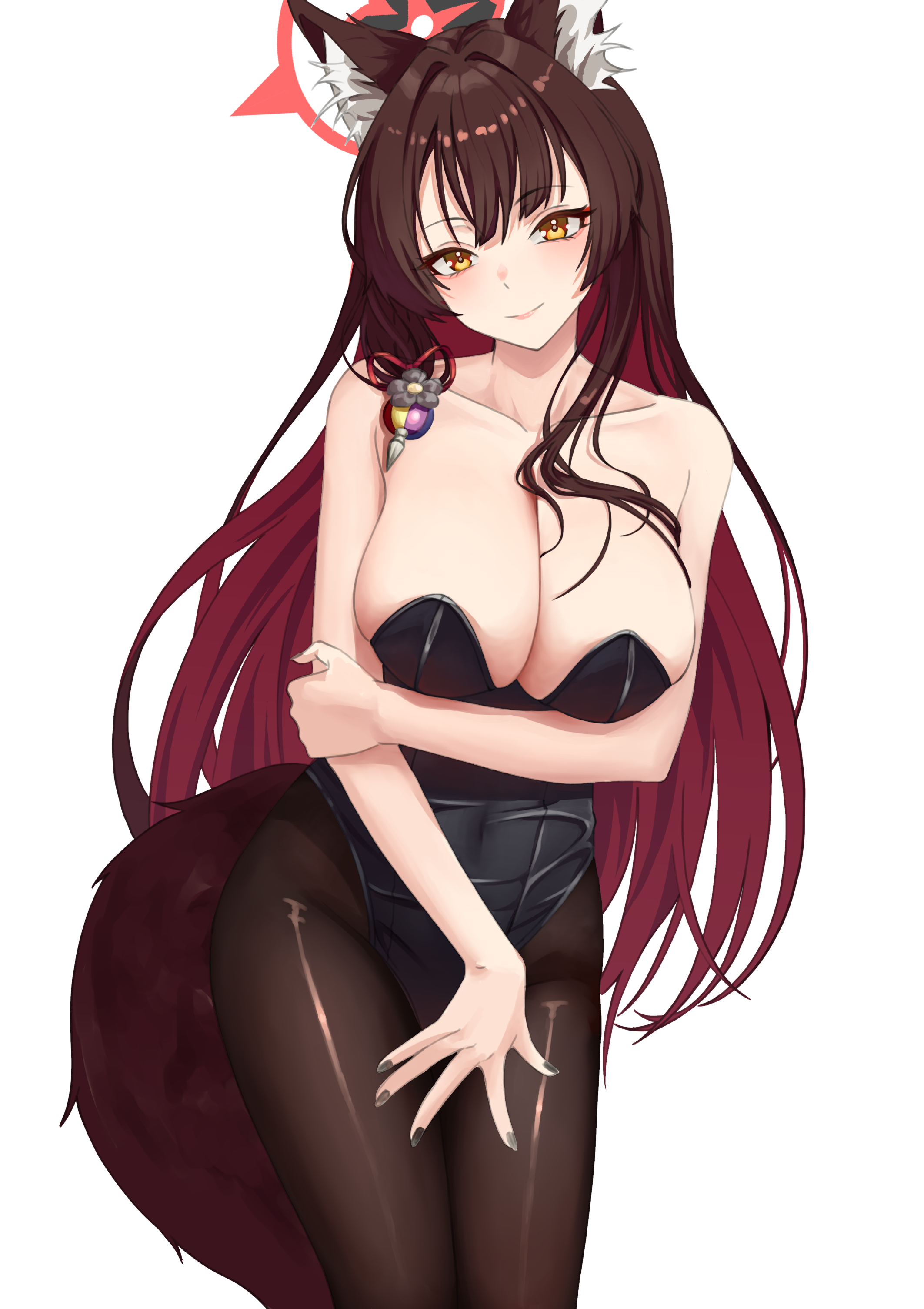 drachsss, wakamo (blue archive), blue archive, absurdres, highres, 1girl, alternate costume, animal ear fluff, animal ears, arm under breasts, bare arms, bare shoulders, black hair, black leotard, black pantyhose, blush, breasts, closed mouth, colored inner hair, fox ears, fox girl, fox tail, halo, large breasts, leotard, long hair, looking at viewer, multicolored hair, nontraditional playboy bunny, pantyhose, red hair, red halo, smile, solo, strapless, strapless leotard, tail, two-tone hair, yellow eyes