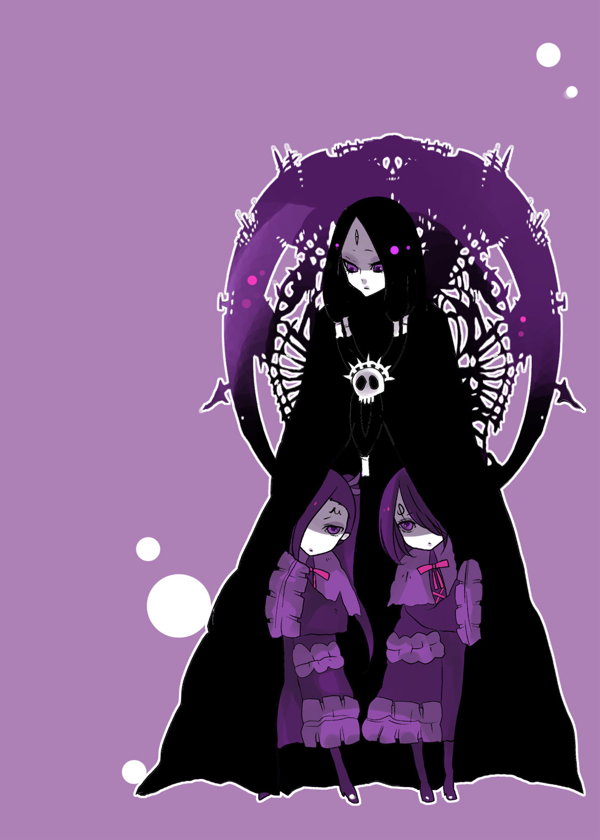 moza, mu (sound horizon), phi (sound horizon), thanatos (persona), thanatos (sound horizon), moira, sound horizon, bad id, bad pixiv id, highres, 1boy, 2girls, black hair, child, multiple girls, purple eyes, purple hair, purple theme