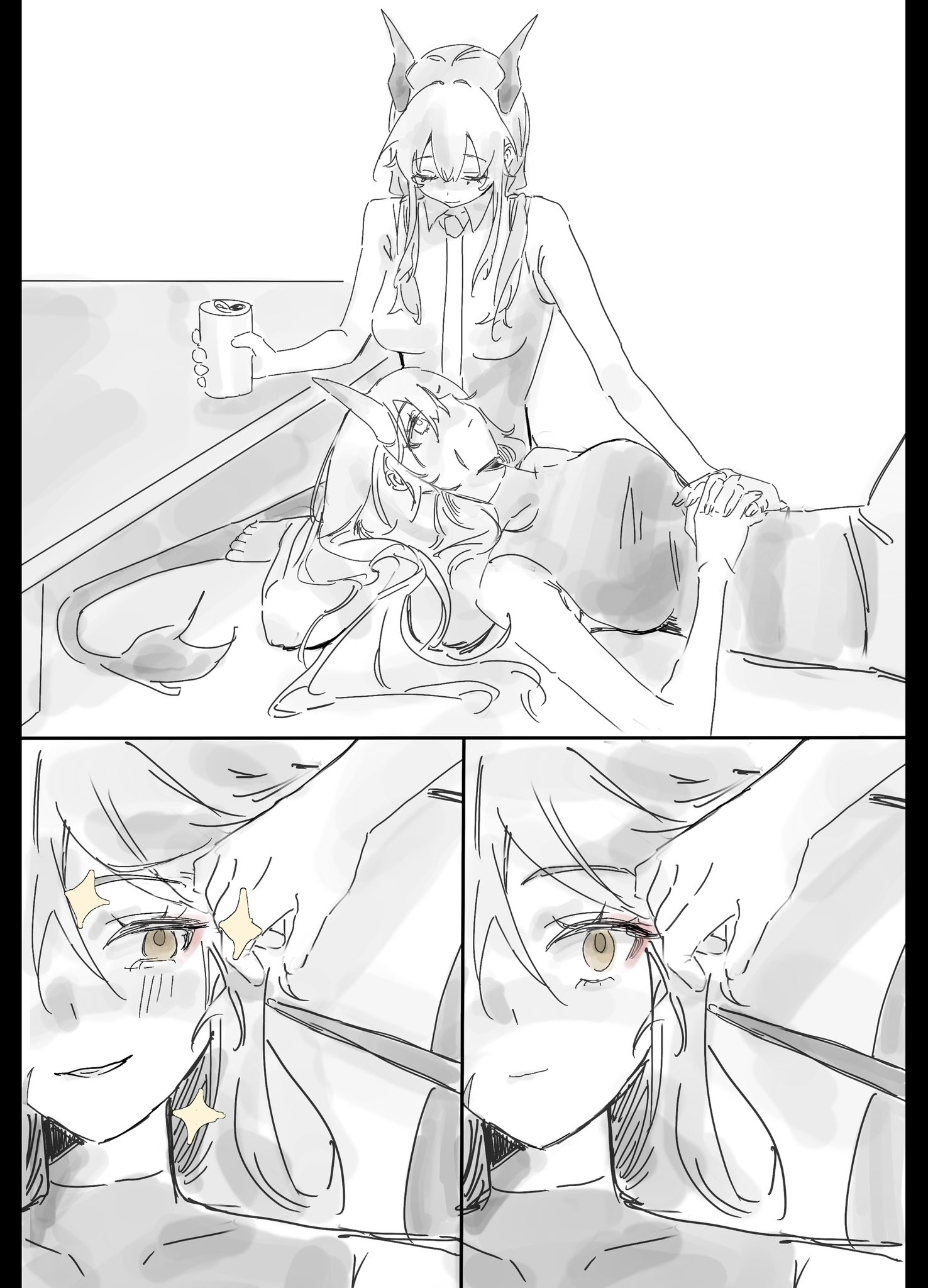 ch'en (arknights), hoshiguma (arknights), arknights, commentary request, highres, 2girls, barefoot, beer can, can, closed eyes, closed mouth, dragon horns, dragon tail, drink can, greyscale, hand in another's hair, hill chuchu, holding, holding can, horns, lap pillow, monochrome, multiple girls, parted lips, scar, scar on face, single horn, smile, sparkle, spot color, tail, yellow eyes, yuri