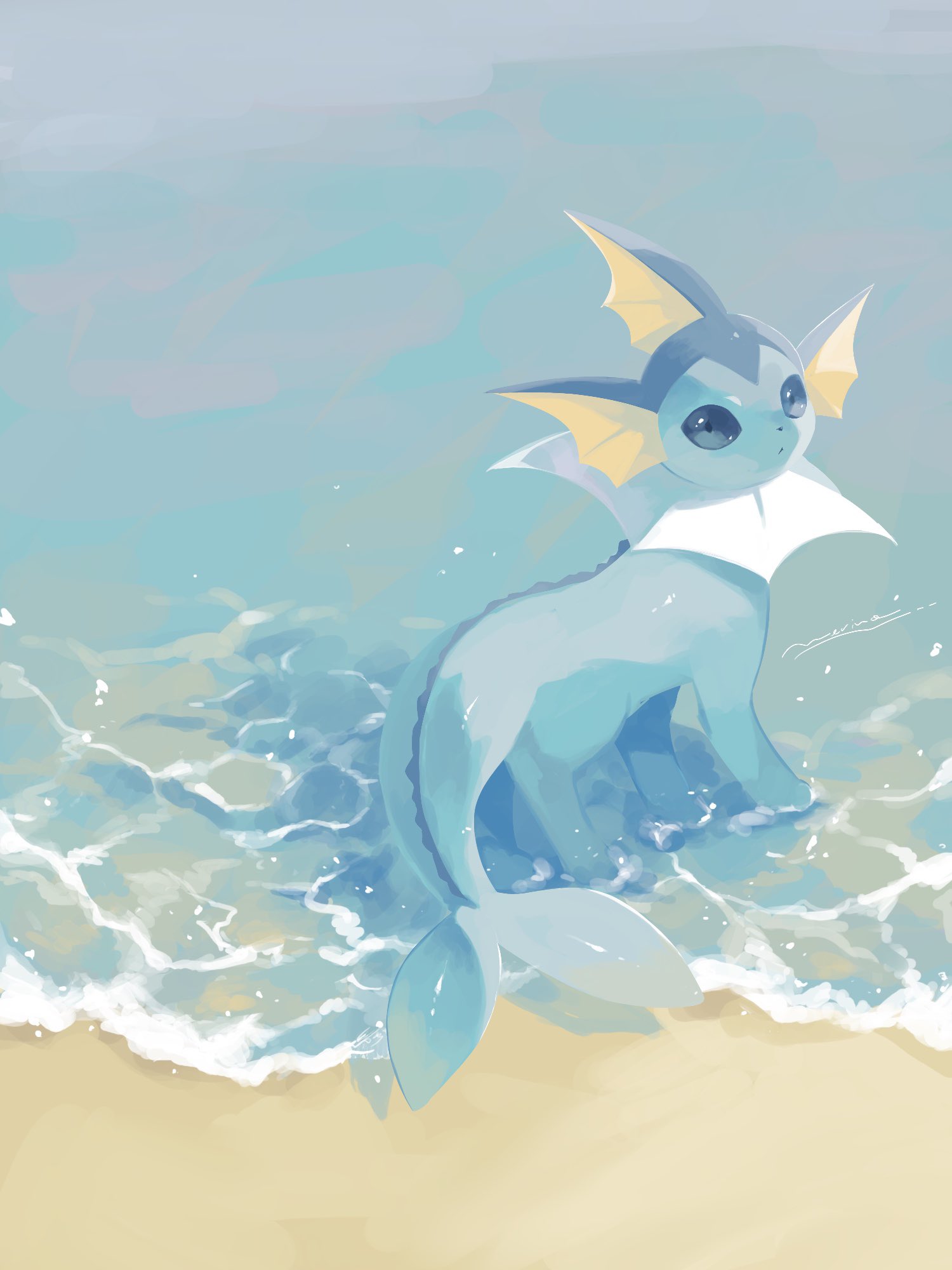 merino (merino 9999), vaporeon, nintendo, pokemon, highres, animal focus, beach, blue eyes, blue fur, blue sclera, cetacean tail, closed mouth, colored sclera, fins, fish tail, forked tail, full body, gen 1 pokemon, head fins, looking at viewer, no humans, ocean, outdoors, pokemon (creature), pokemon focus, solo, tail, water